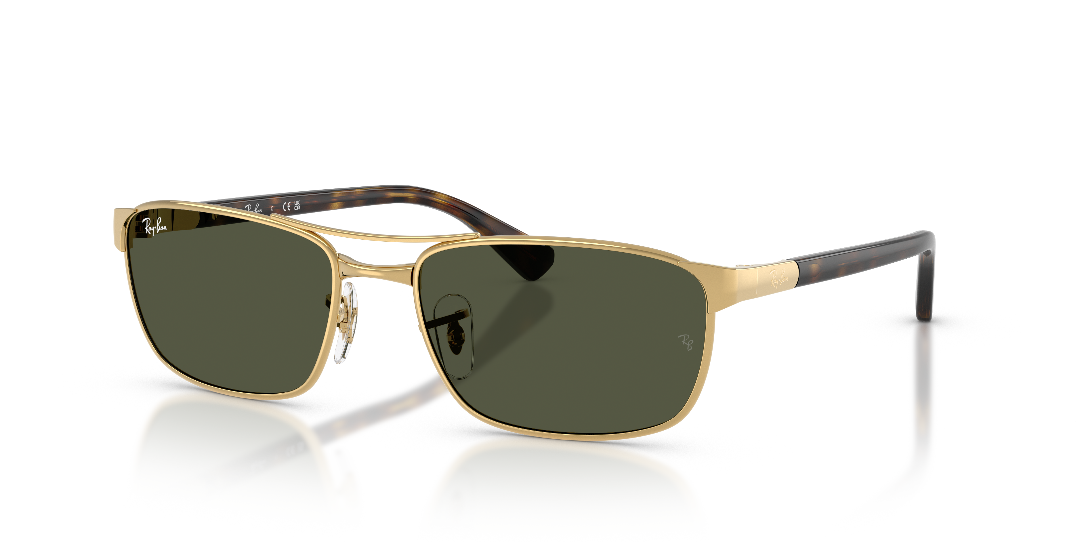 Occhiali da sole Ray-Ban RB3778 Arista Gold con montatura metallica dorata e lenti verdi classiche, mostrati su sfondo neutro