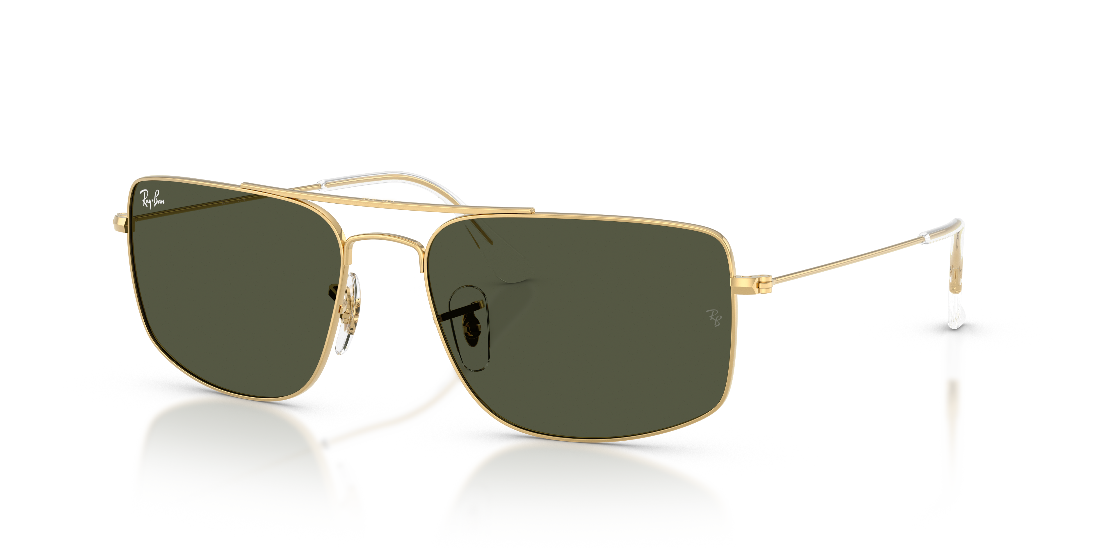 Occhiali da sole Ray-Ban 0RB3779 Explorer 3 Arista Gold unisex su sfondo bianco, con lenti che riflettono la luce. Visuale fr
