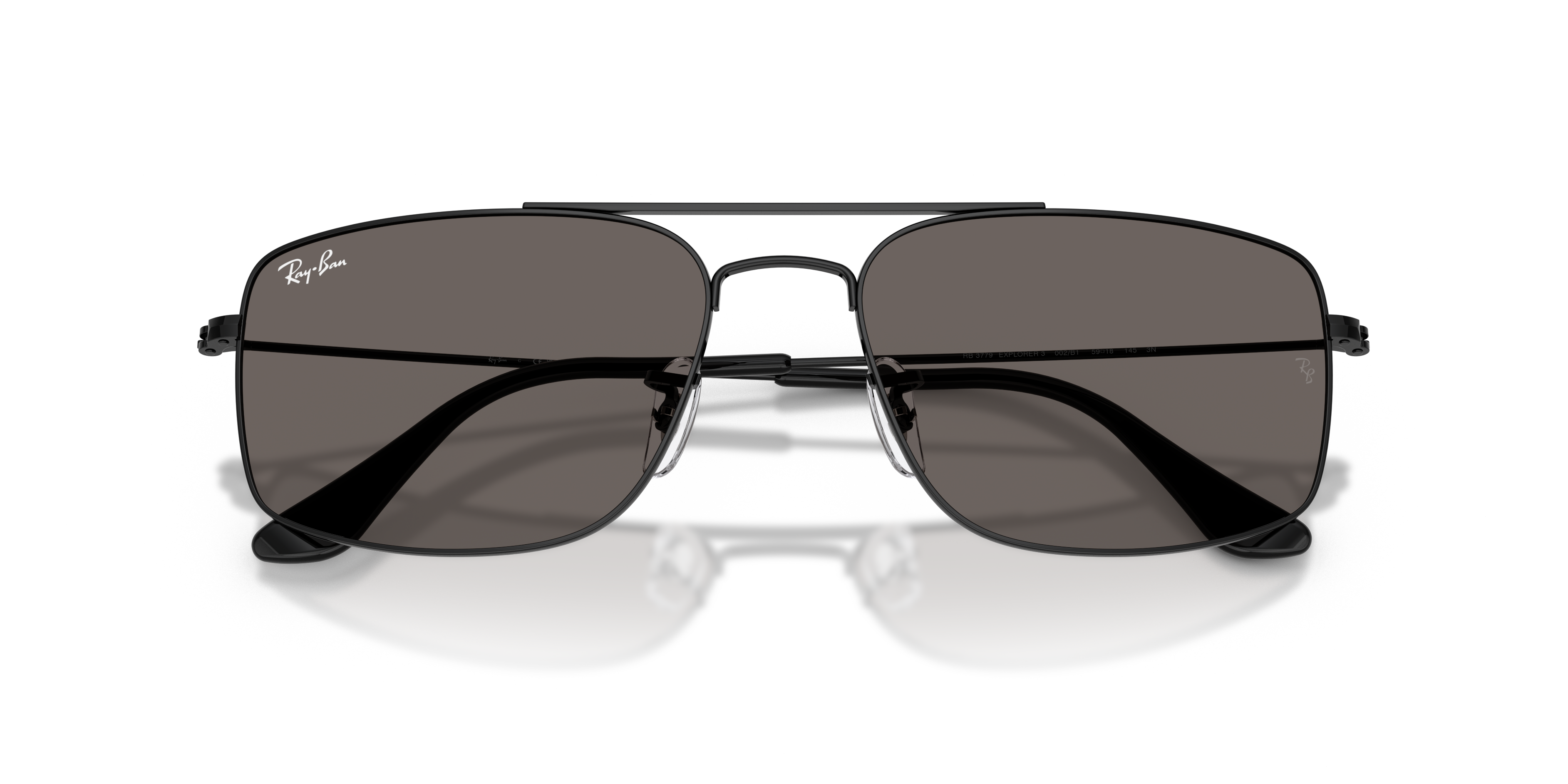 Occhiali da sole Ray-Ban 0RB3779 Explorer 3 Arista Gold unisex su sfondo bianco, con lenti che riflettono la luce. Visuale fr