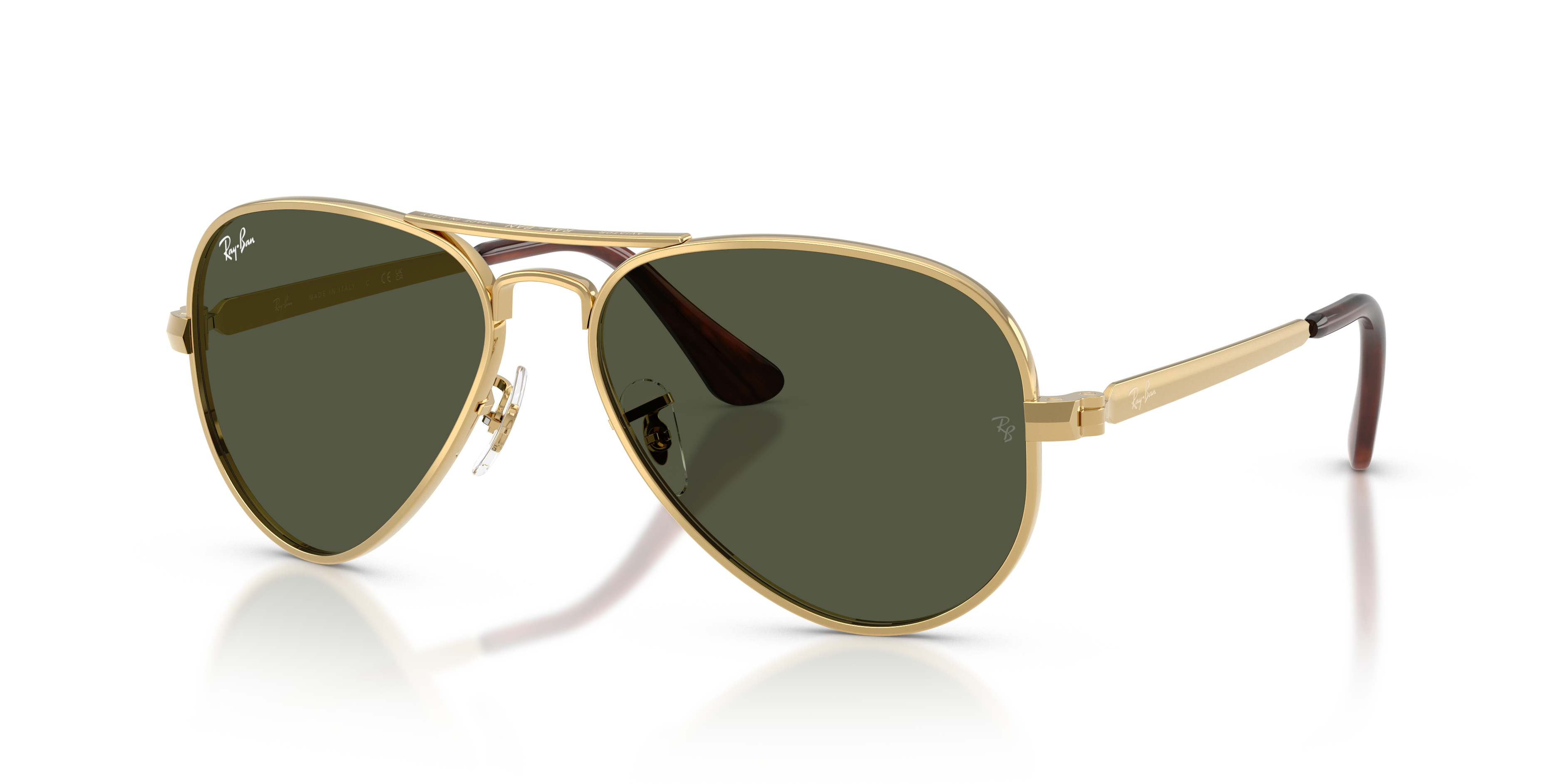 Occhiali da sole Ray-Ban Aviator Max 0RB3925 unisex con montatura Arista Gold e lenti classiche, appoggiati su una superficie