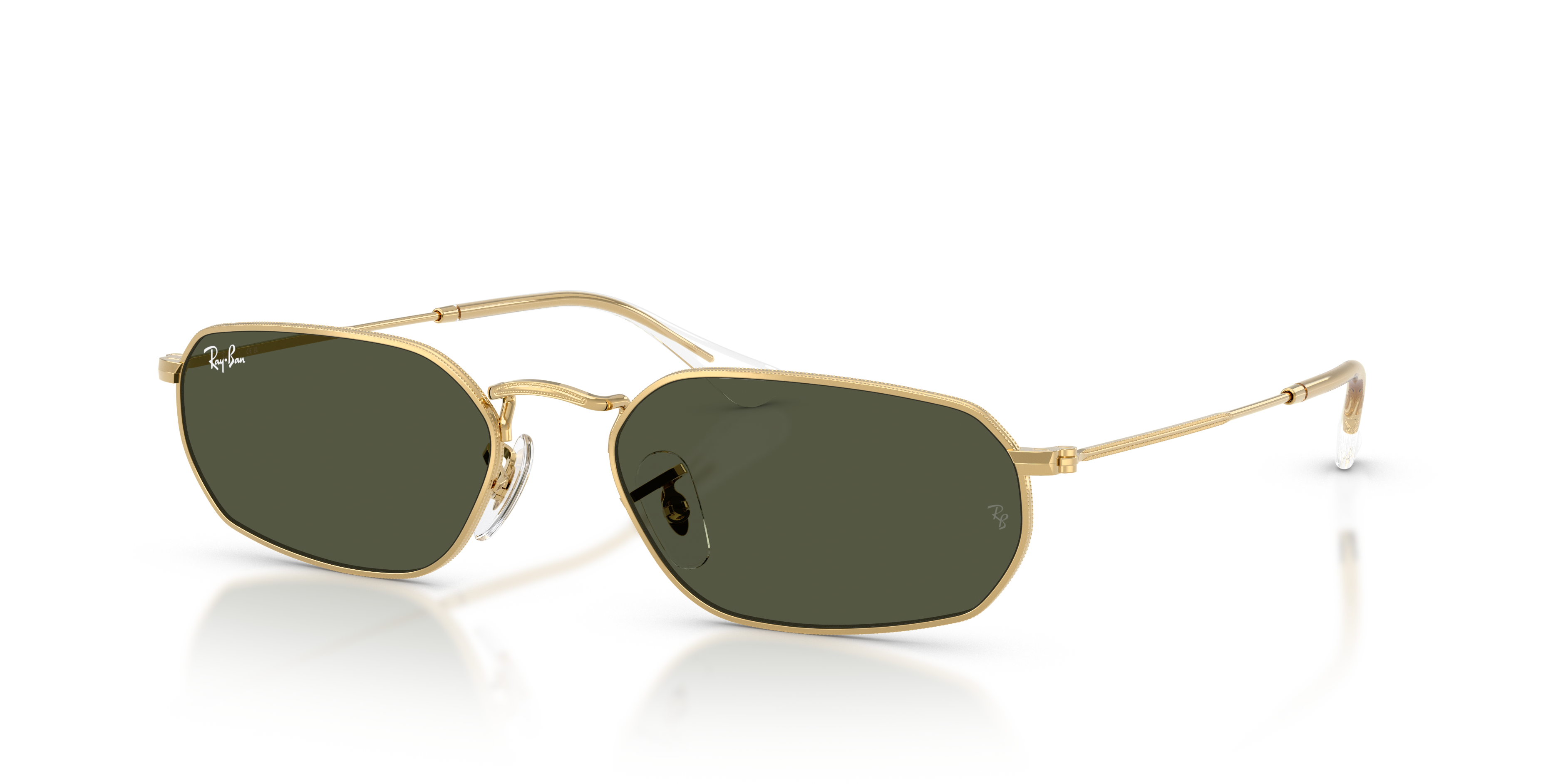 Occhiali da sole Ray-Ban RB3947 Arista Gold, montatura dorata e lenti verdi classiche, su sfondo chiaro
