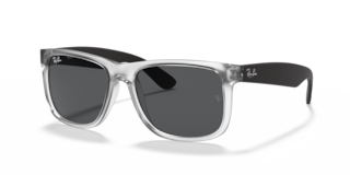 Occhiali da sole Ray-Ban Justin 0RB4165 da uomo, colore Opal Grey, montatura grigia opaca e lenti scure, su sfondo chiaro.