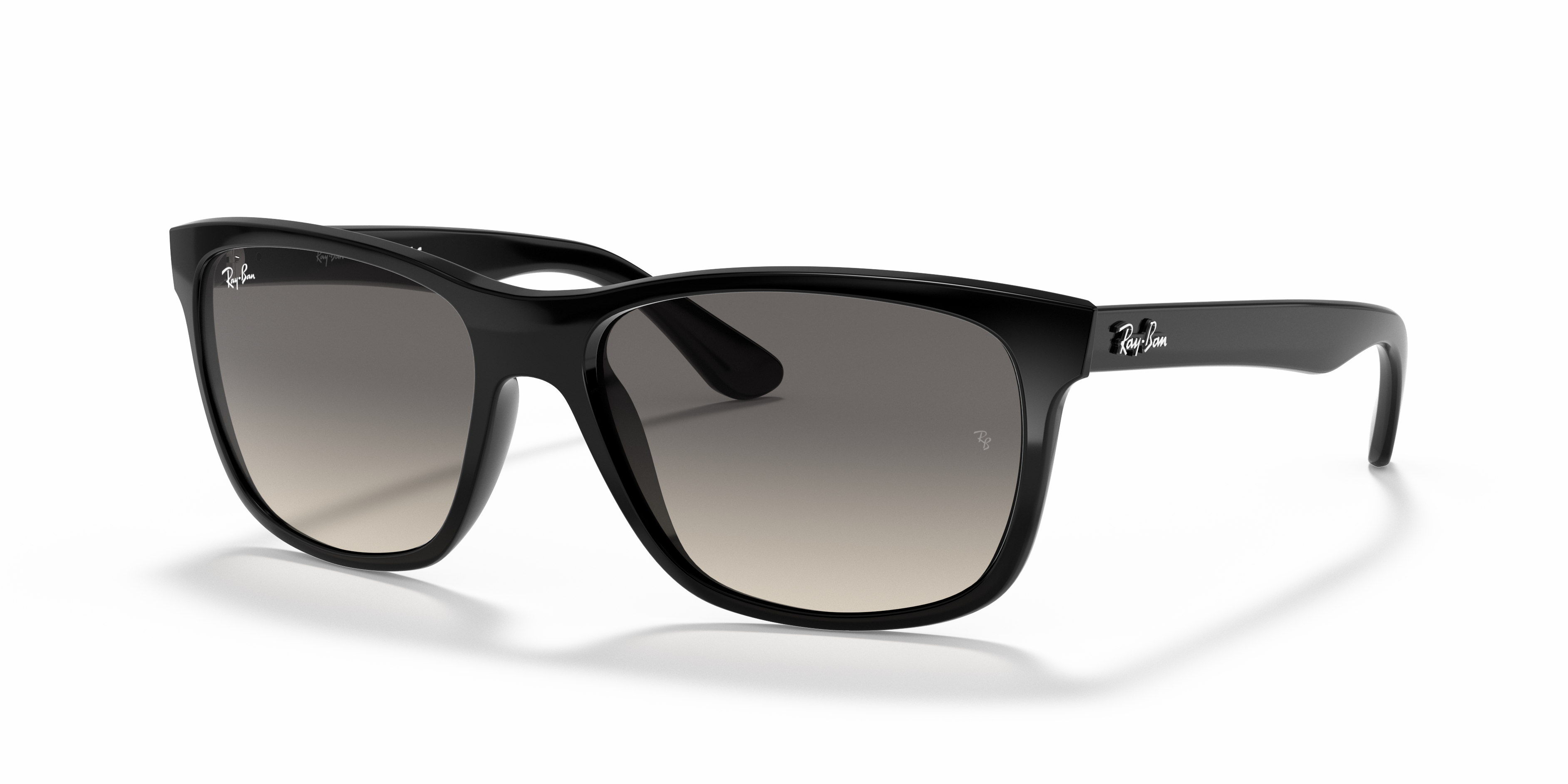 Occhiali da sole Ray-Ban RB4181 neri da uomo, con montatura in acetato lucido e lenti scure, posti su uno sfondo neutro che n