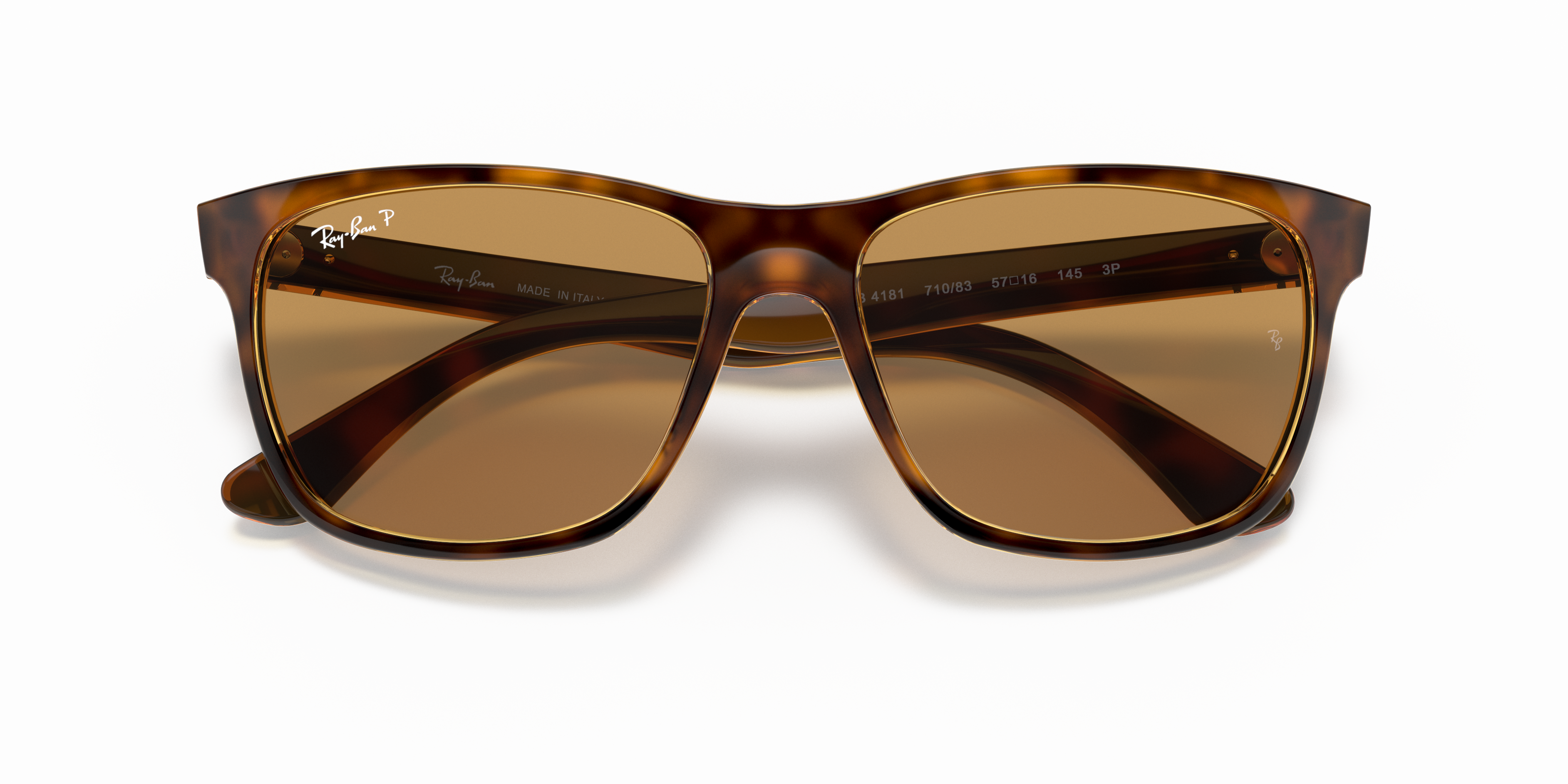 Occhiali da sole Ray-Ban RB4181 neri da uomo, con montatura in acetato lucido e lenti scure, posti su uno sfondo neutro che n