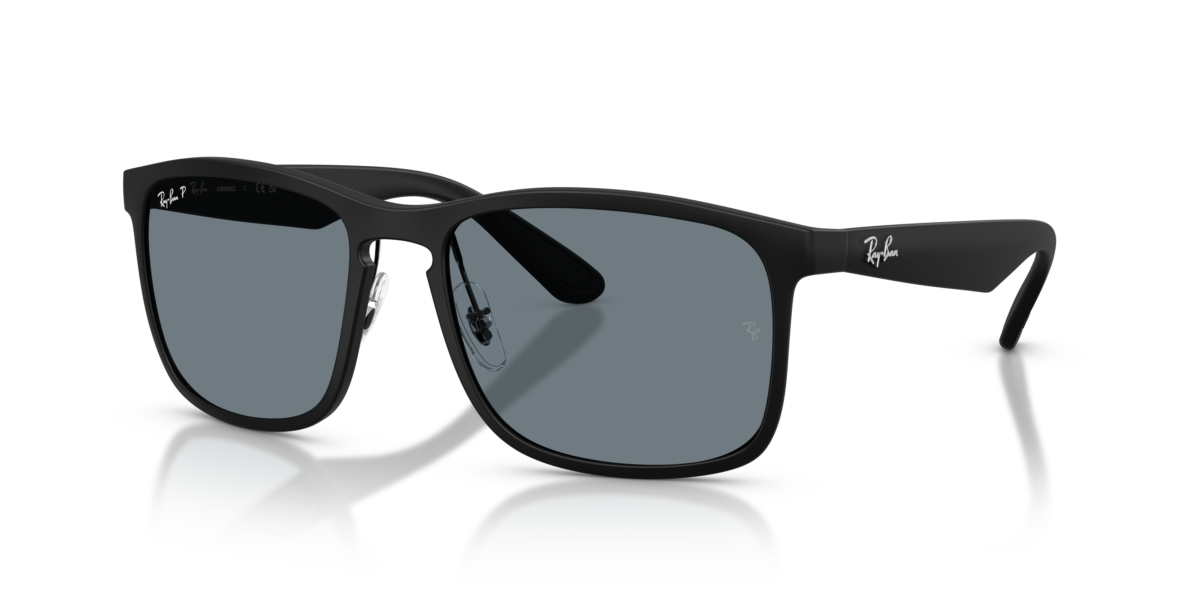 Occhiali da sole Ray-Ban RB4264 da uomo, montatura nero opaco e lenti polarizzate grigie, visti frontalmente su sfondo neutro