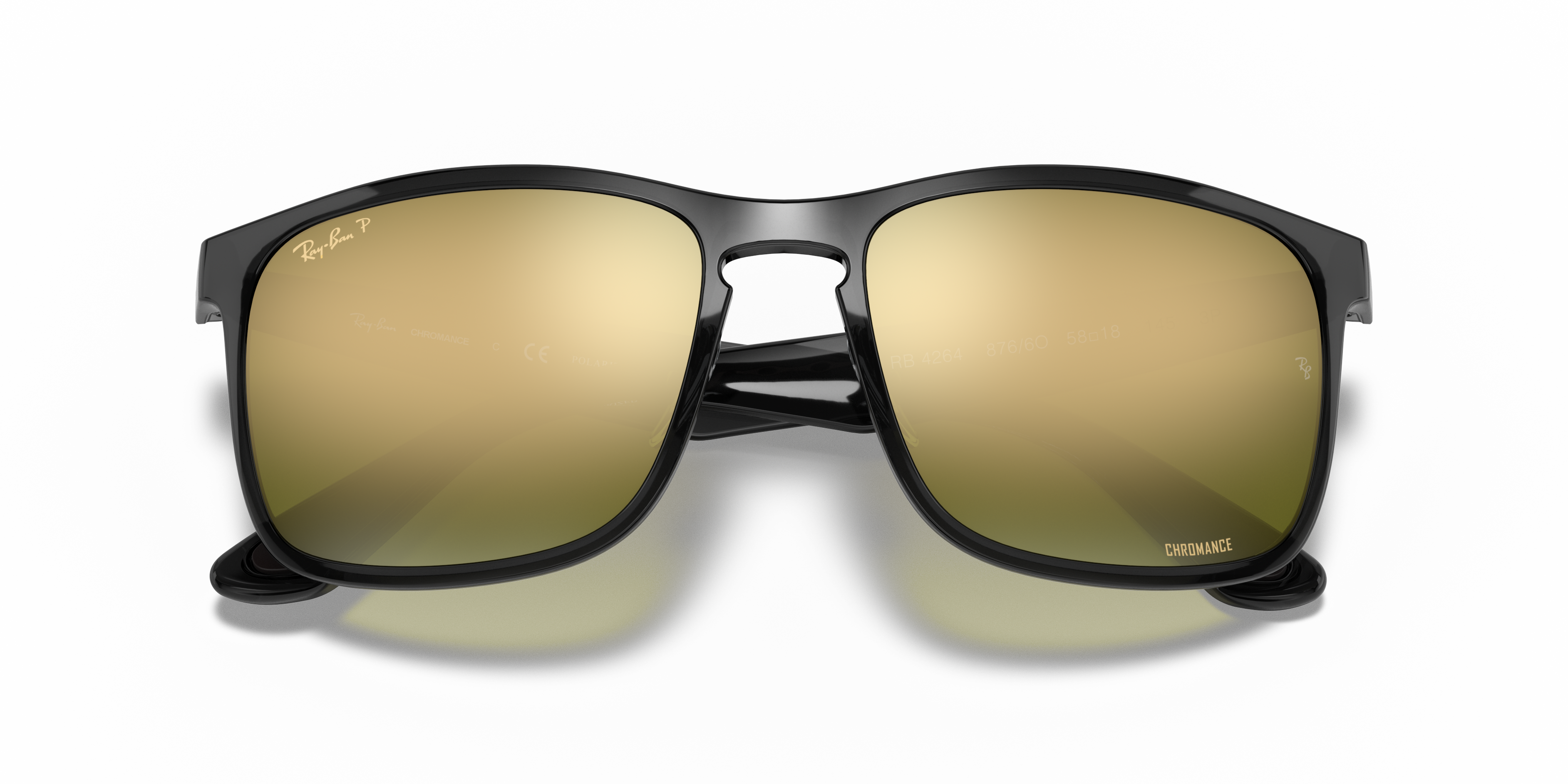 Occhiali da sole Ray-Ban RB4264 da uomo, montatura nero opaco e lenti polarizzate grigie, visti frontalmente su sfondo neutro