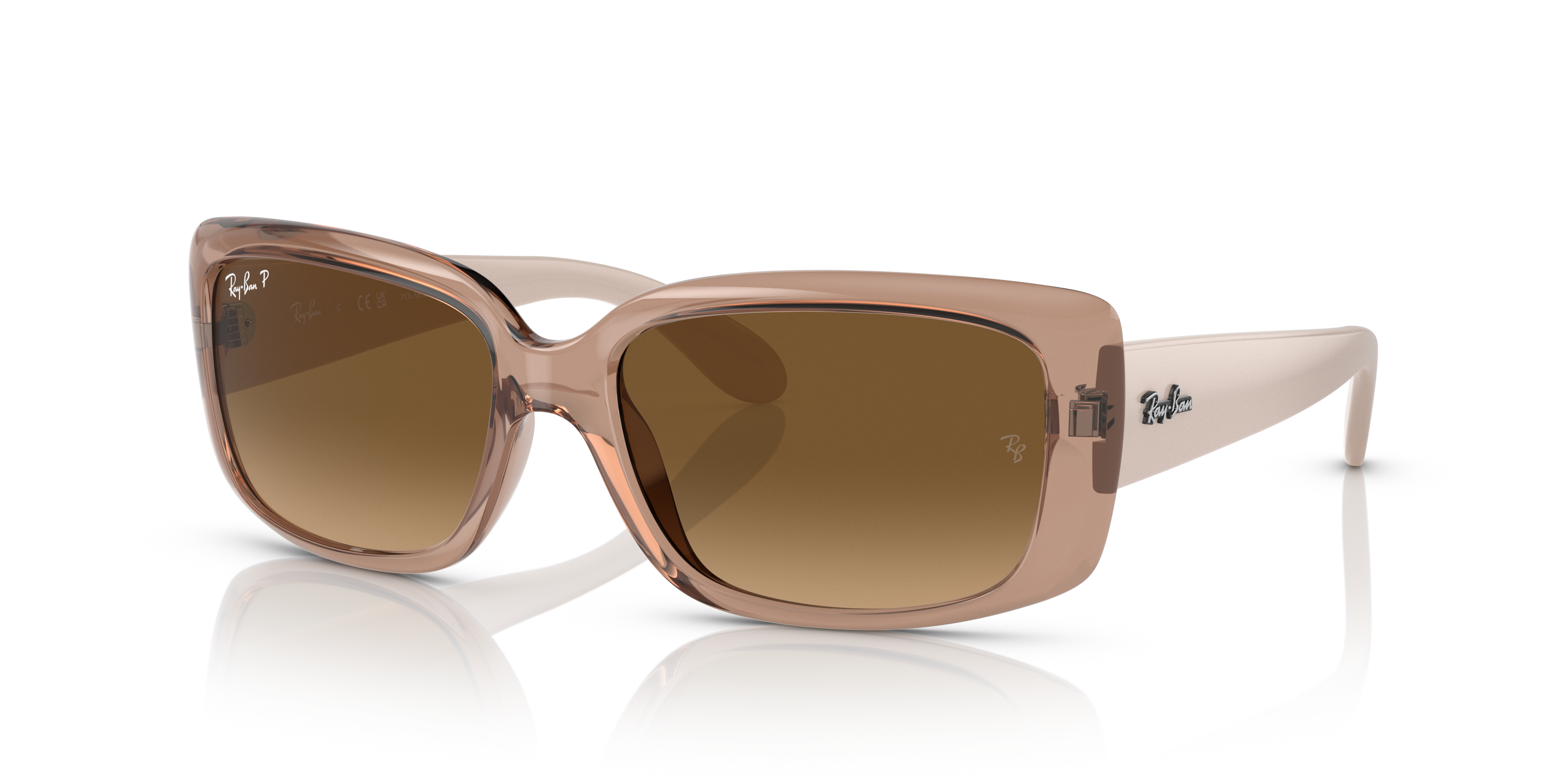 Occhiali da sole Ray-Ban RB4389 da donna con montatura marrone trasparente e lenti scure, mostrati frontalmente su sfondo chi