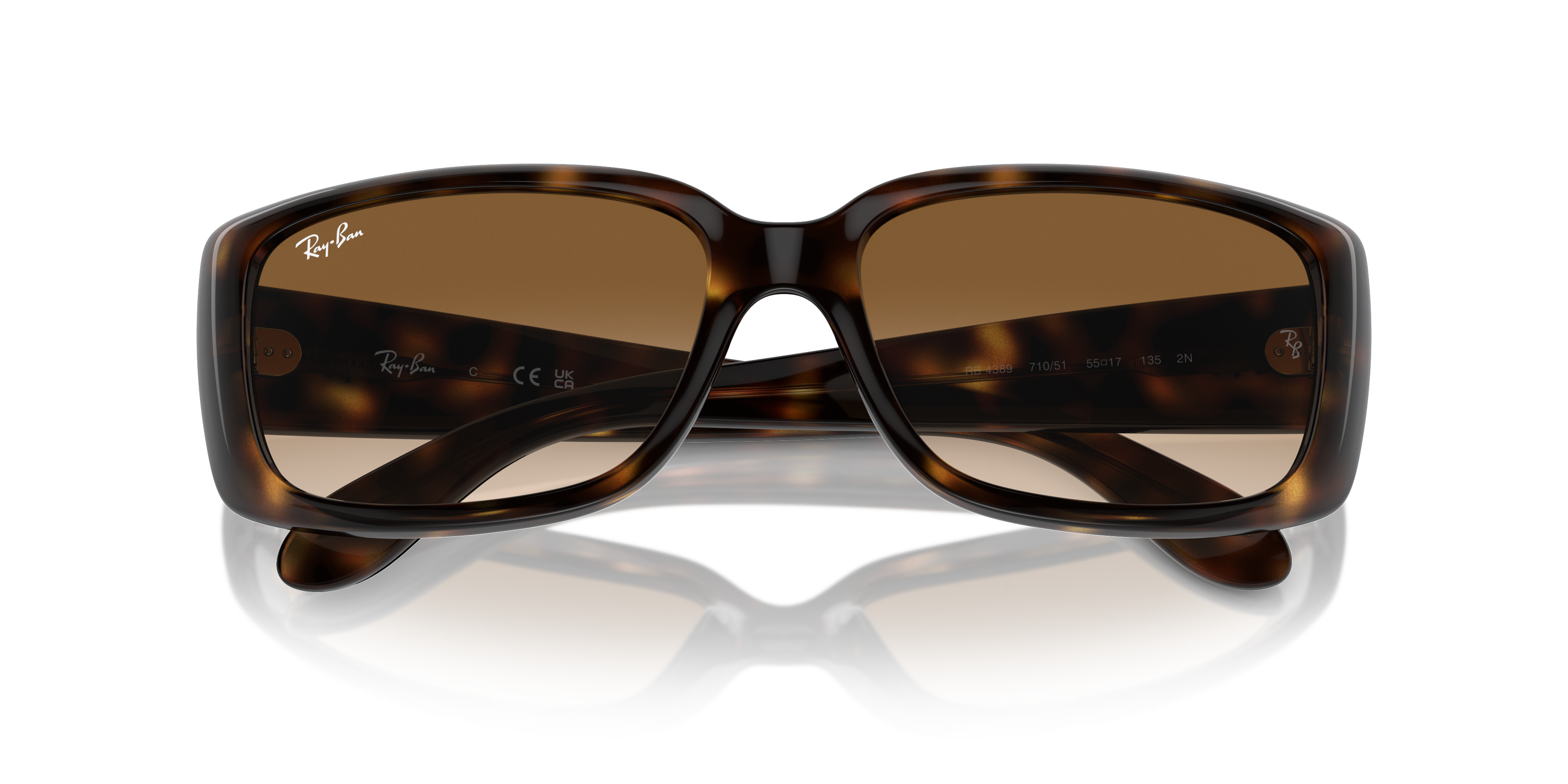 Occhiali da sole Ray-Ban RB4389 da donna con montatura marrone trasparente e lenti scure, mostrati frontalmente su sfondo chi