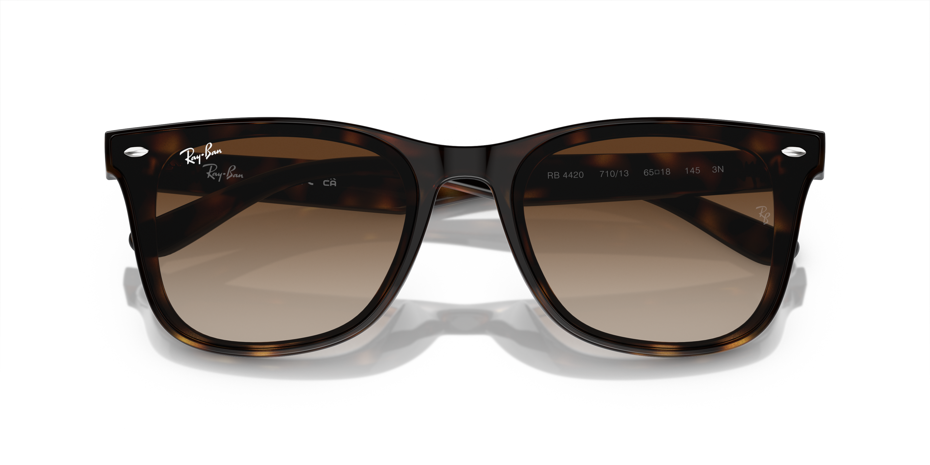 Occhiali da sole Ray-Ban RB4420 neri, modello unisex con montatura in nylon e lenti scure, indossati su un fondo neutro.