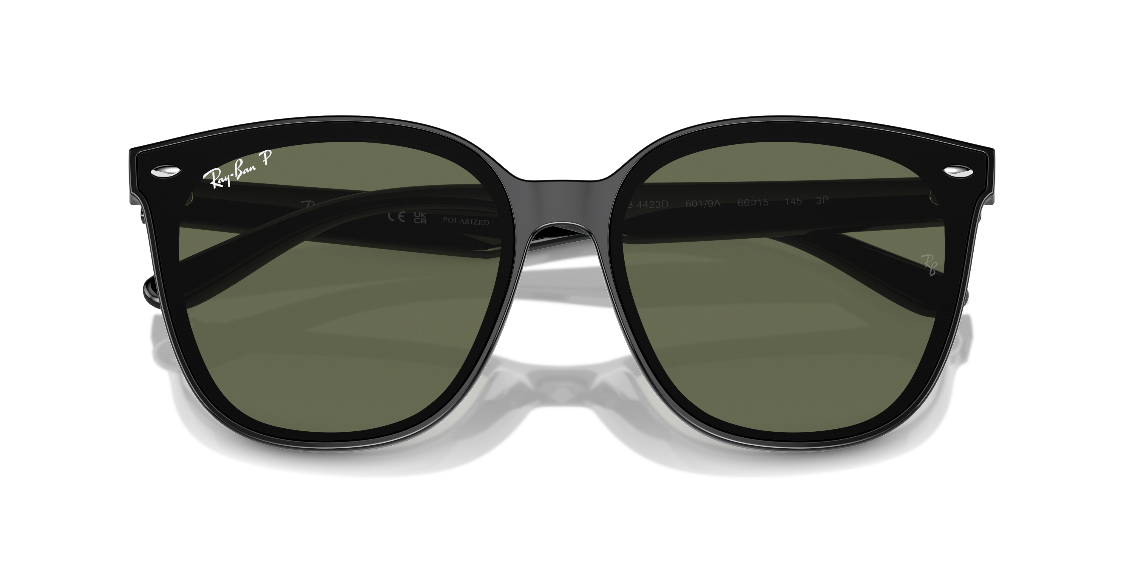 Occhiali da sole Ray-Ban 0RB4423D neri unisex con montatura in acetato e lenti scure, mostrati da diverse angolazioni su sfon