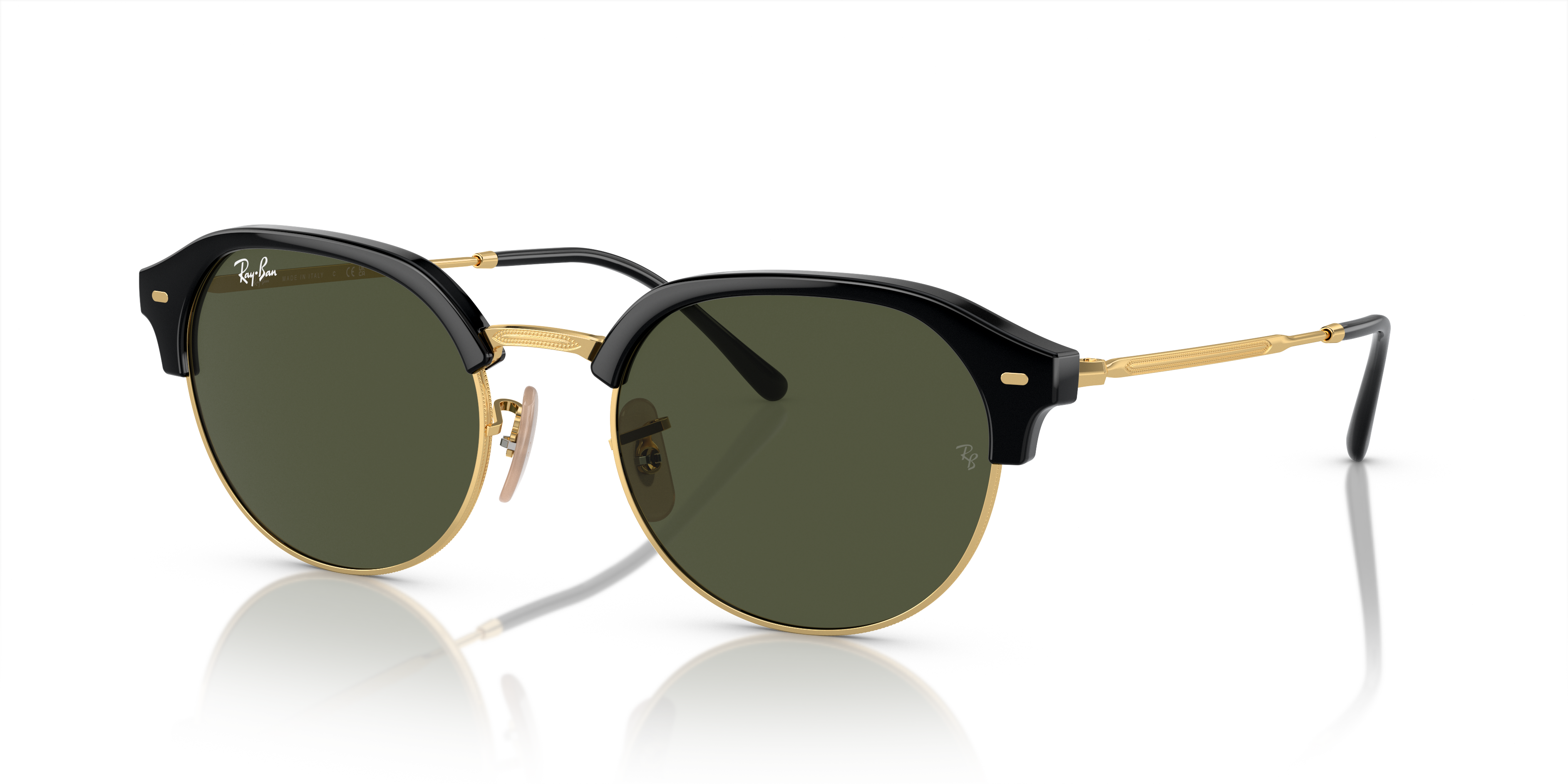 Occhiali da sole Ray-Ban RB4429 Black On Gold, montatura nera lucida con dettagli dorati e lenti scure, posti su una superfic