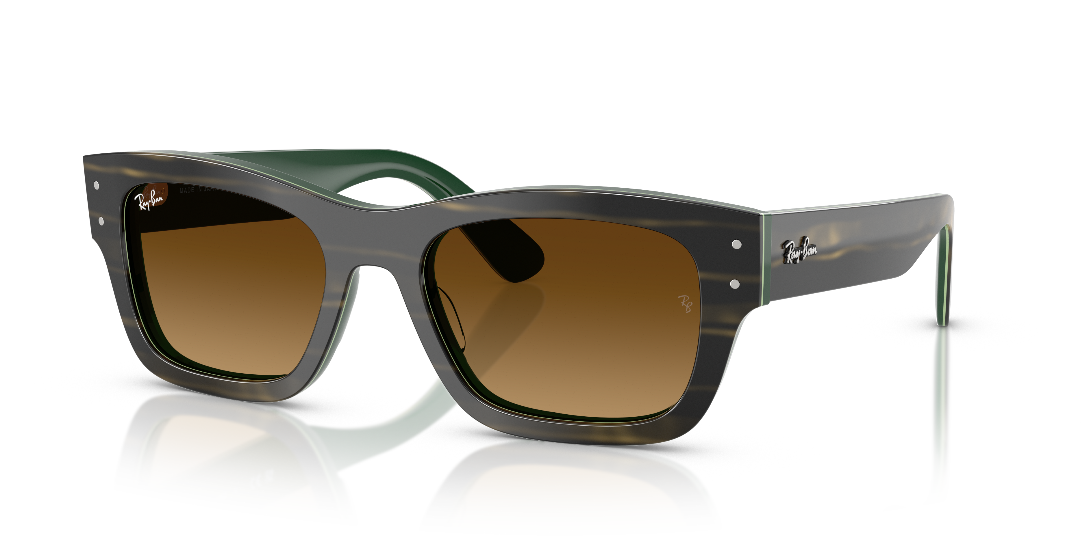 Occhiali da sole Ray-Ban Joseph 0RB7683S Striped Green On Green, montatura squadrata verde a righe con lenti verdi, su sfondo
