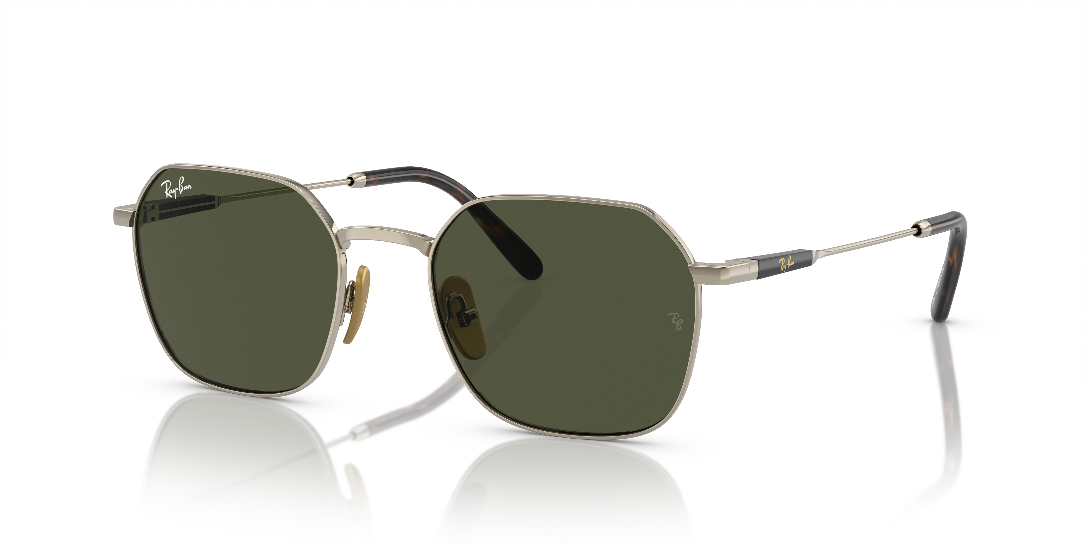 Occhiali da sole Ray-Ban Jim Titanium 0RB8094 Arista Gold indossati, vista frontale, su sfondo neutro che ne evidenzia la for
