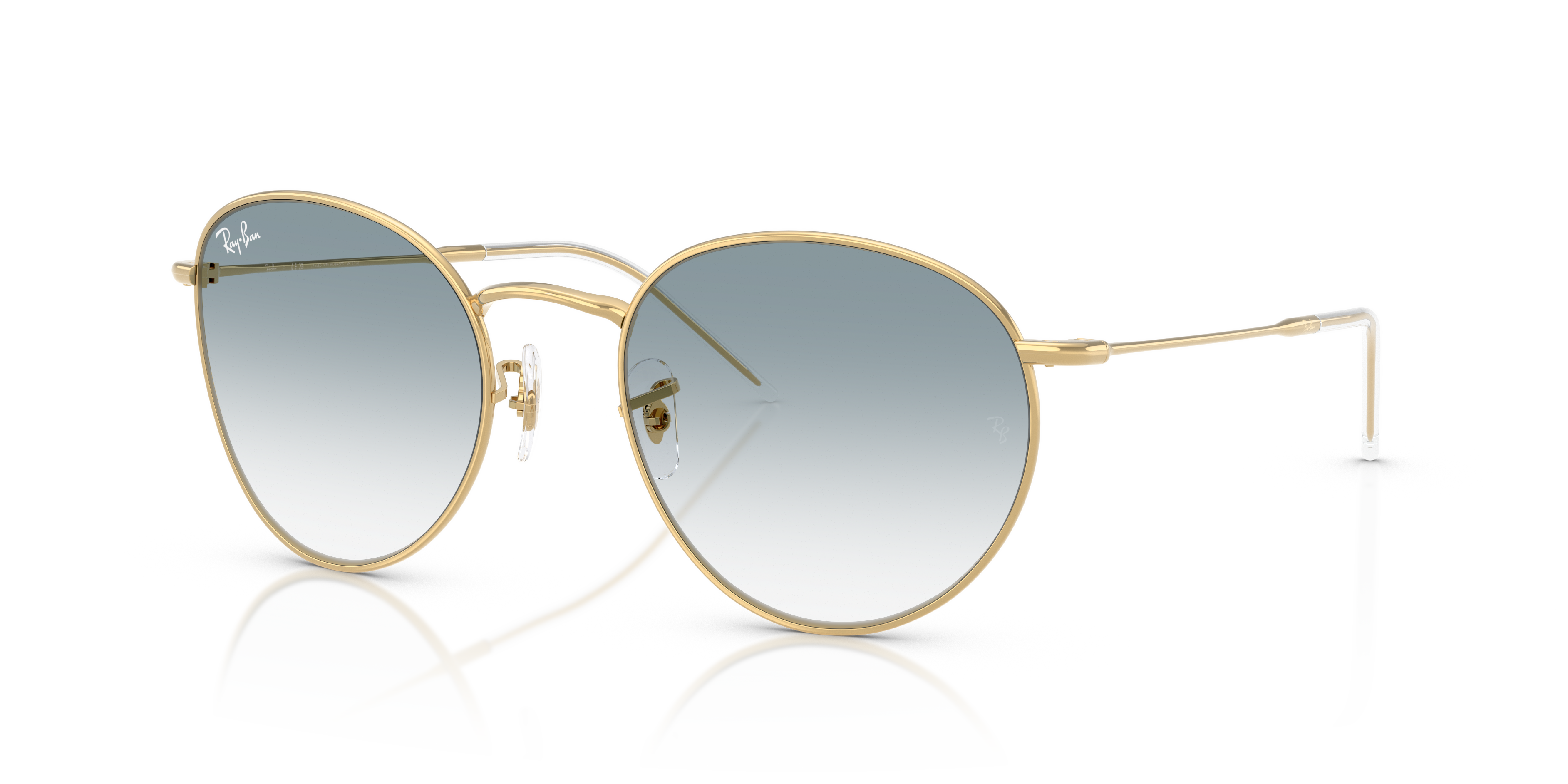 Occhiali da sole Ray-Ban Round Reverse 0RBR0103S Arista Gold con lenti grigie invertite, ripresi frontalmente su sfondo chiar