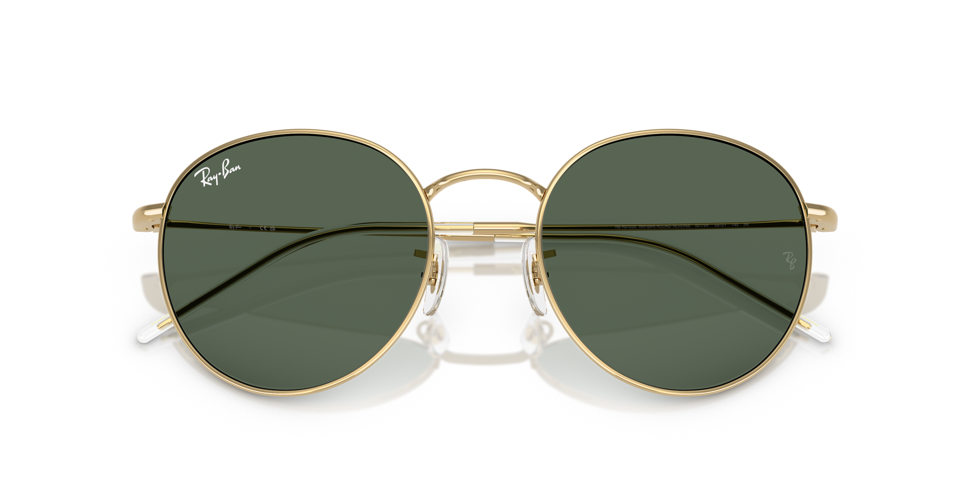 Occhiali da sole Ray-Ban Round Reverse 0RBR0103S Arista Gold con lenti grigie invertite, ripresi frontalmente su sfondo chiar