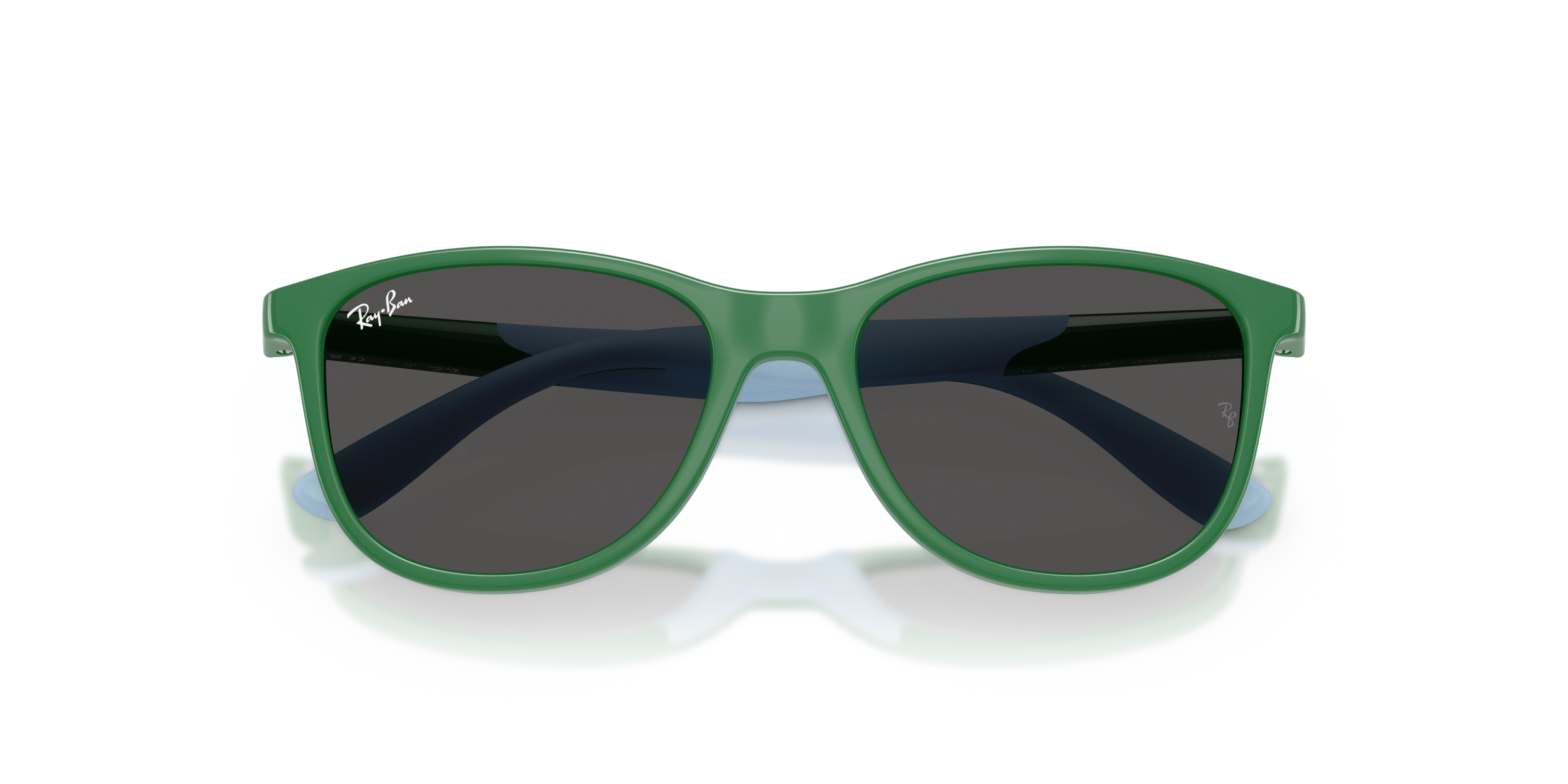 Occhiali da sole Ray-Ban bambino modello Lilo & Stitch 0RJ9077S, montatura fucsia in gomma e aste azzurre, su sfondo chiaro.