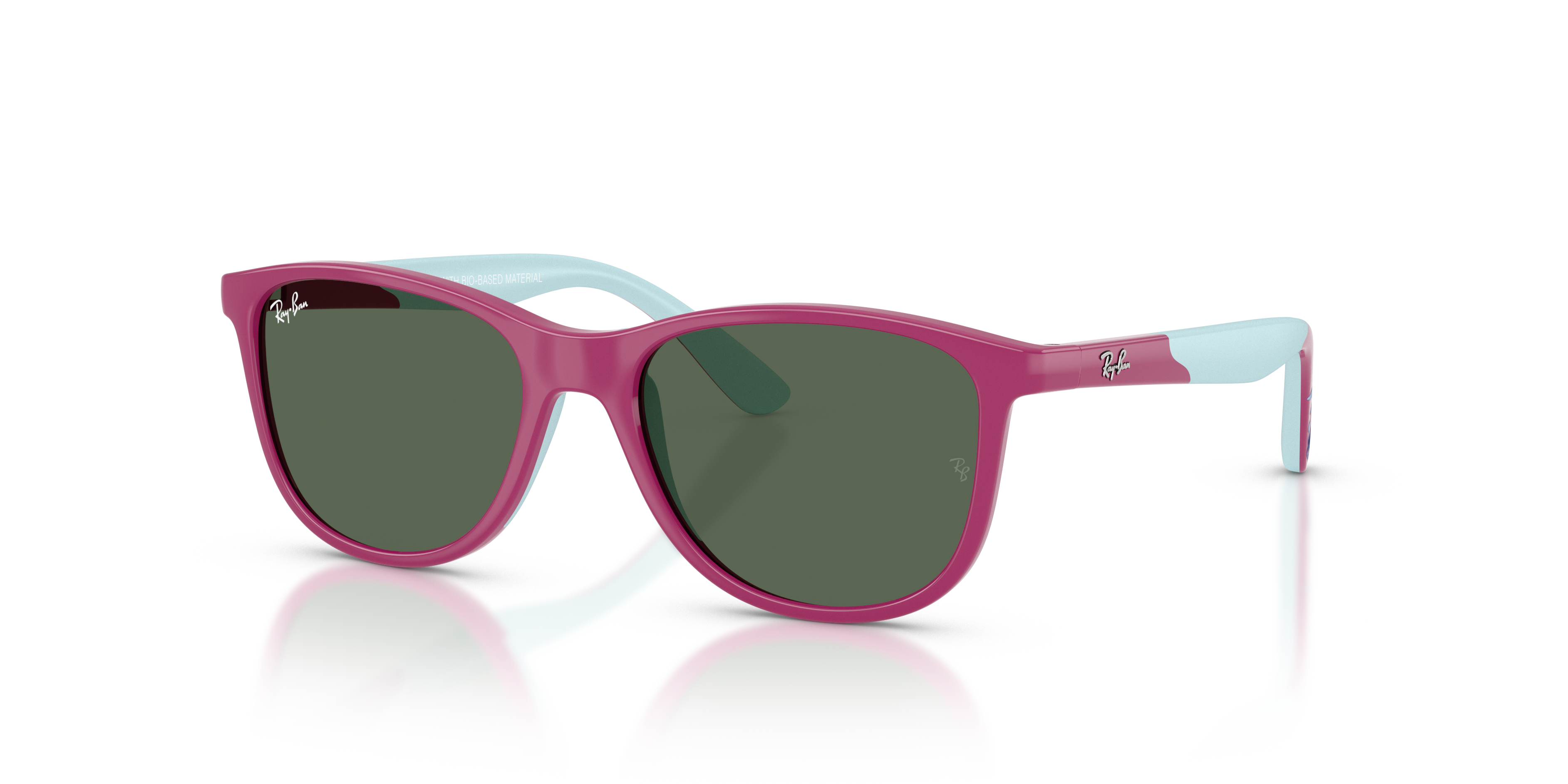 Occhiali da sole Ray-Ban bambino modello Lilo & Stitch 0RJ9077S, montatura fucsia in gomma e aste azzurre, su sfondo chiaro.