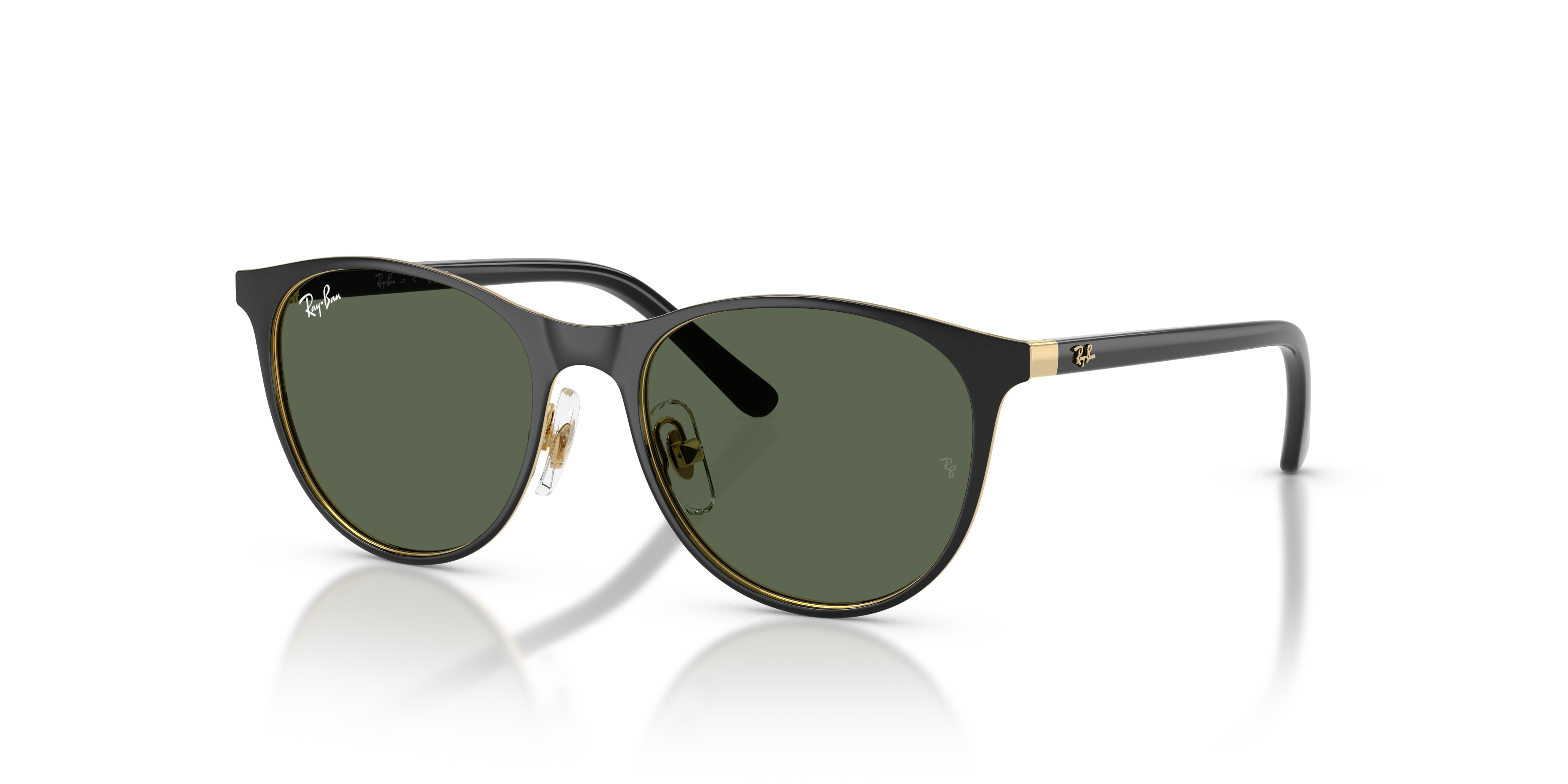 Occhiali da sole Ray-Ban bambino 0RJ9552S Black On Gold con montatura nera e aste dorate, posati su una superficie chiara