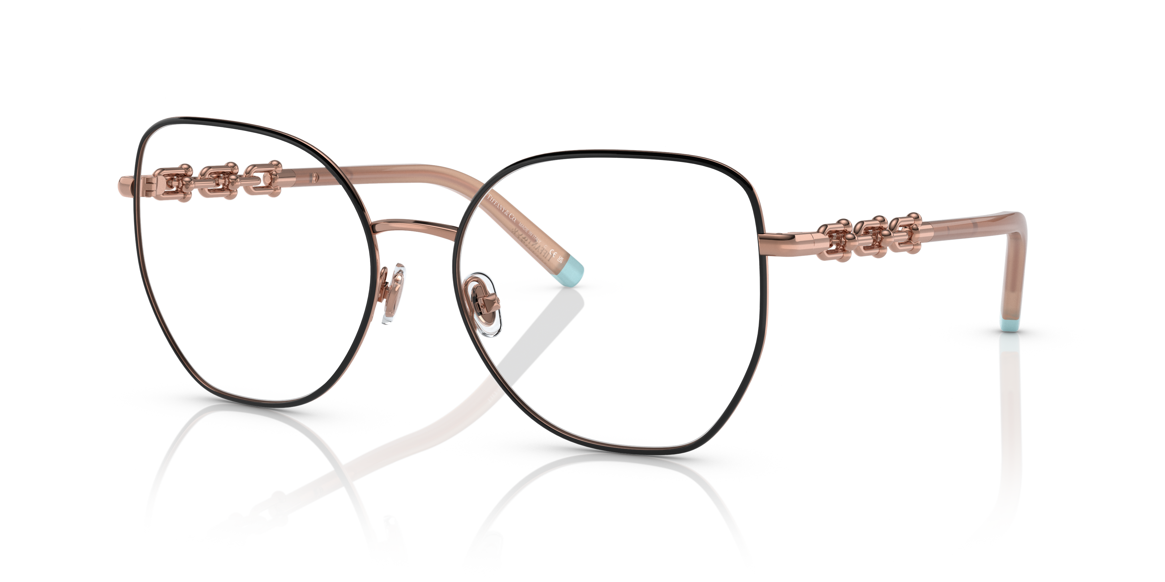 Occhiali da sole Tiffany TF1147 da donna, neri con interno color Rubedo, mostrati su sfondo bianco