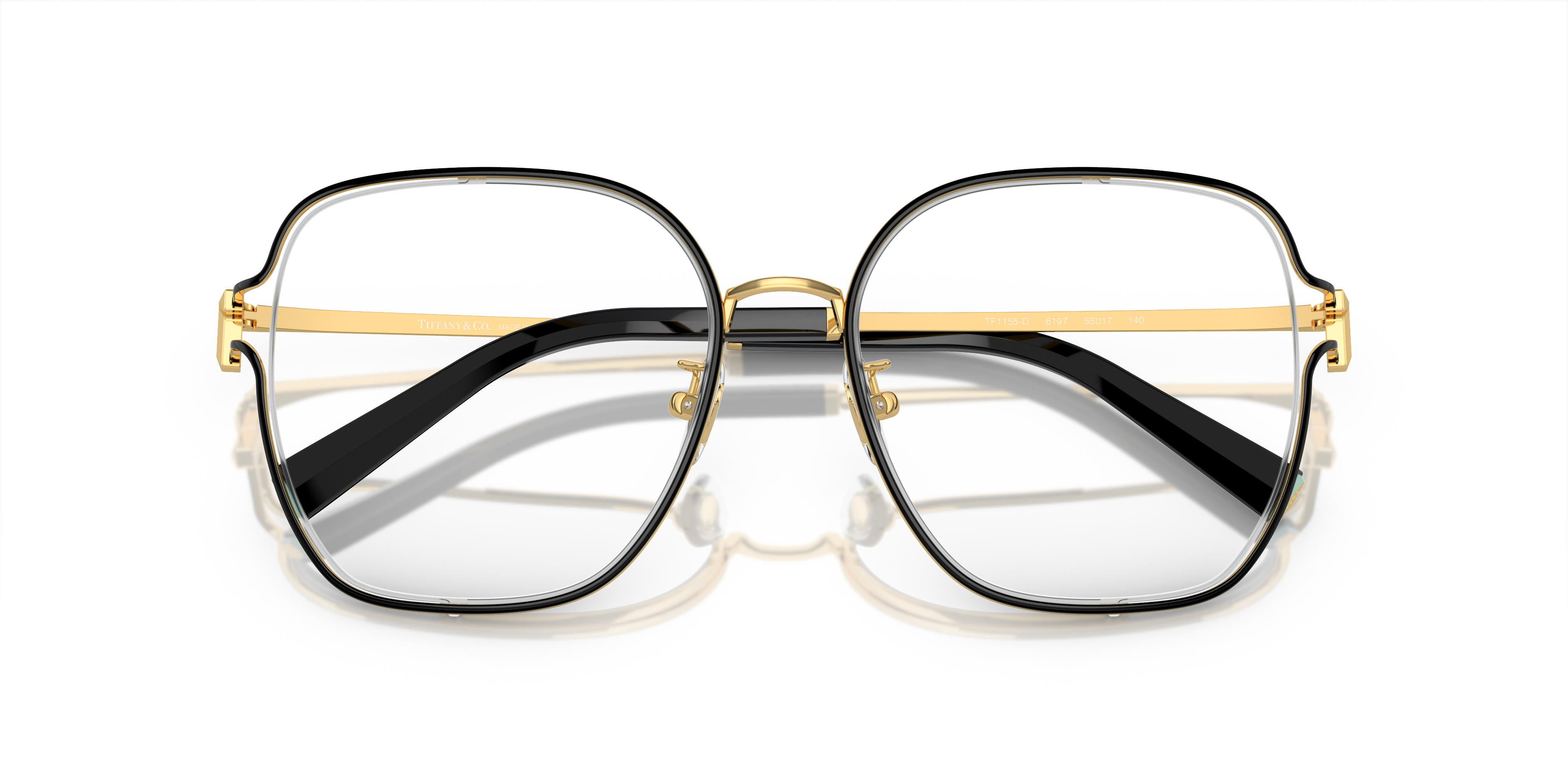 Occhiali da sole Tiffany & Co. modello TF1155D da donna, colore Black On Gold, mostrati su sfondo neutro, con dettagli dorati