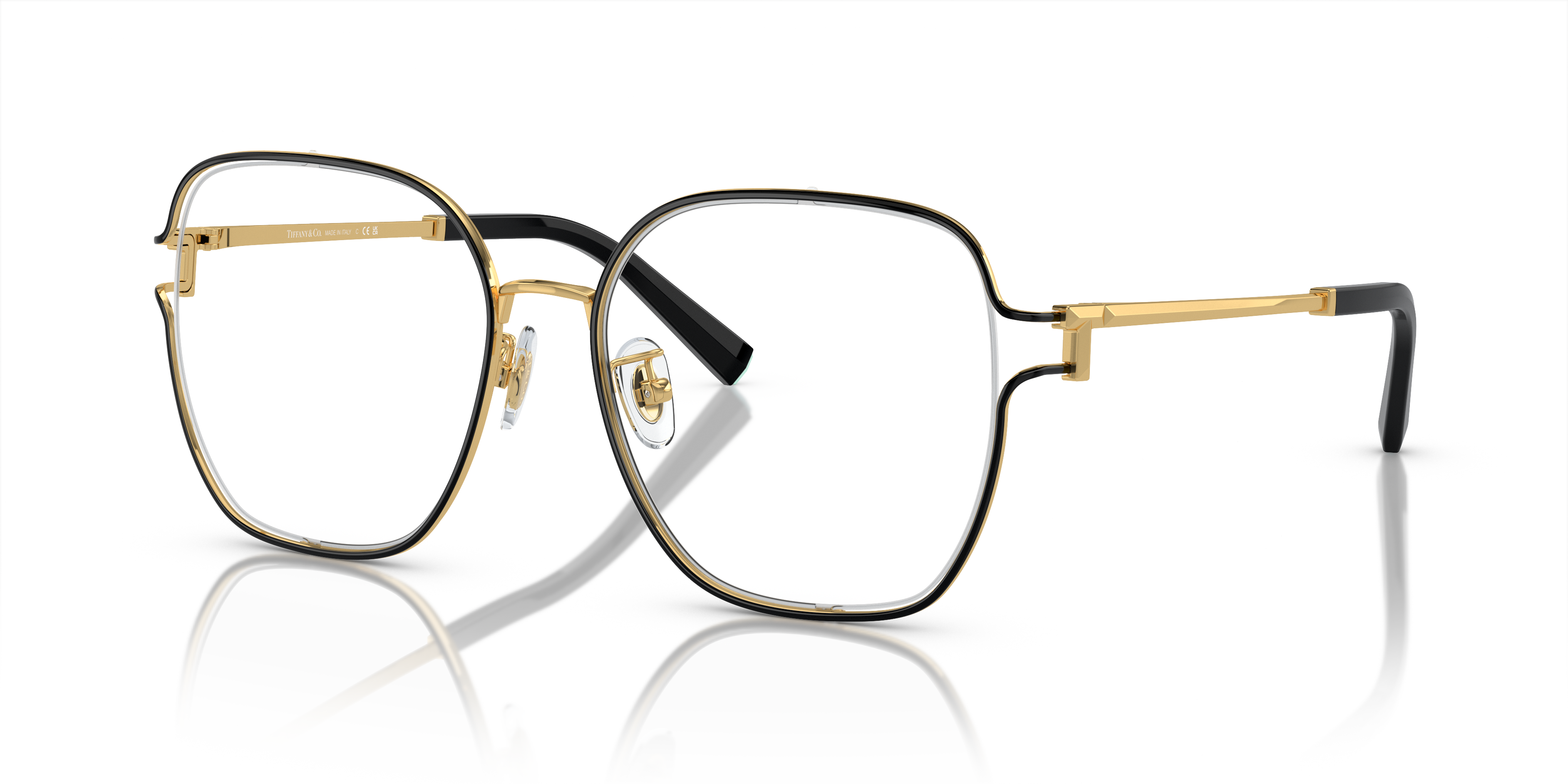 Occhiali da sole Tiffany & Co. modello TF1155D da donna, colore Black On Gold, mostrati su sfondo neutro, con dettagli dorati