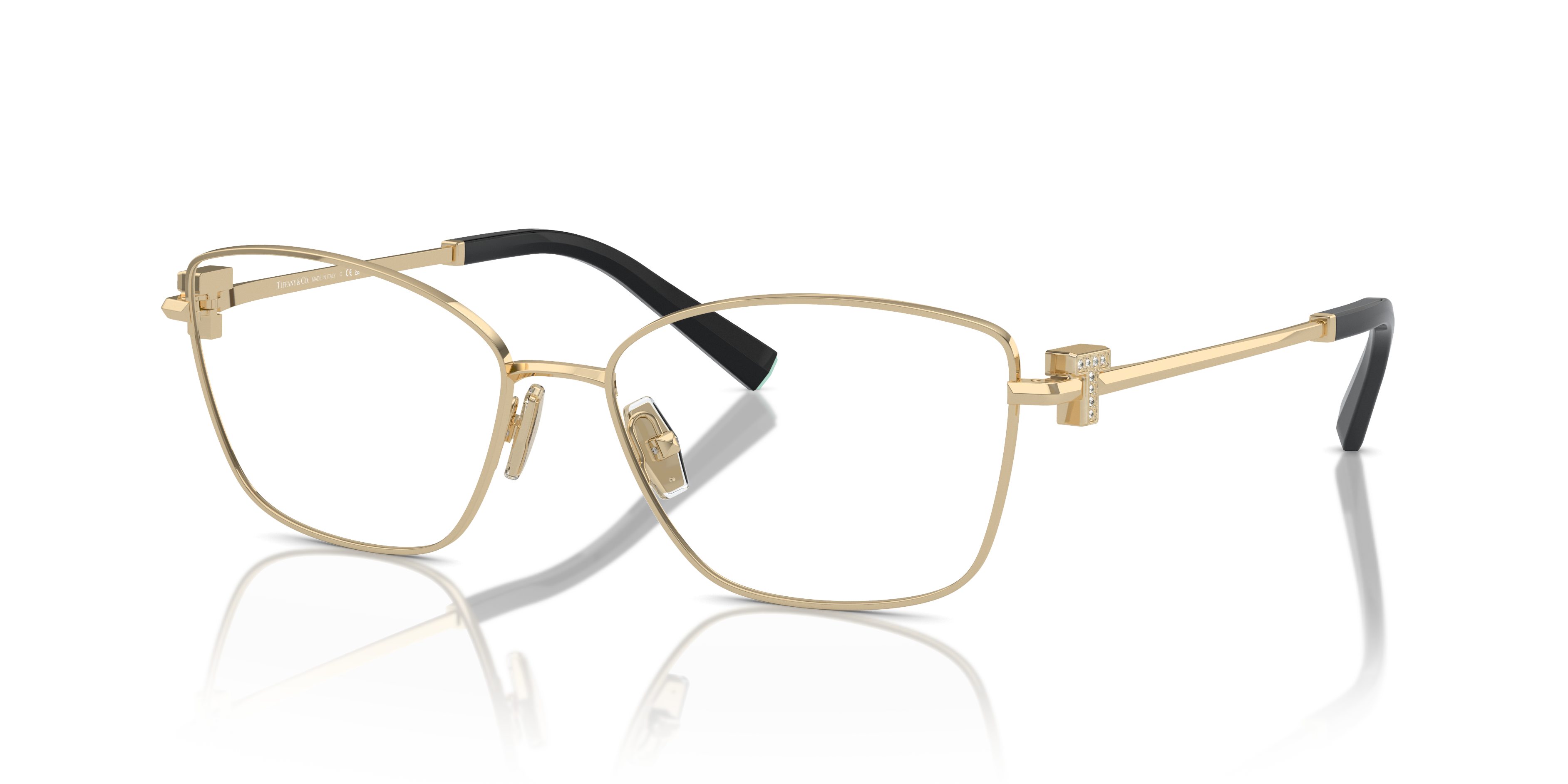 Occhiali da sole Tiffany & Co. modello TF1160B da donna, con montatura in metallo oro pallido e lenti scure, mostrati su sfon