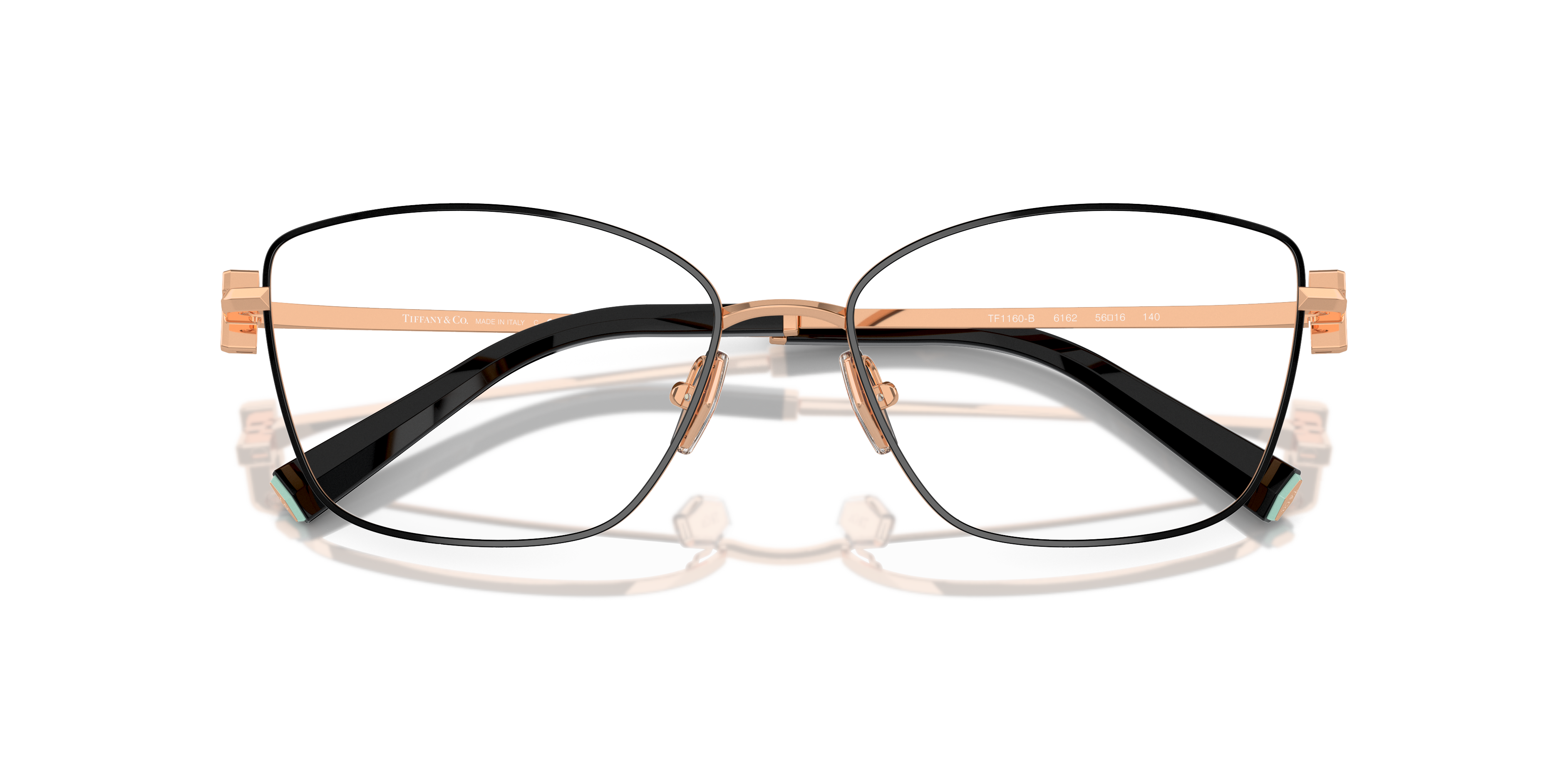 Occhiali da sole Tiffany & Co. modello TF1160B da donna, con montatura in metallo oro pallido e lenti scure, mostrati su sfon