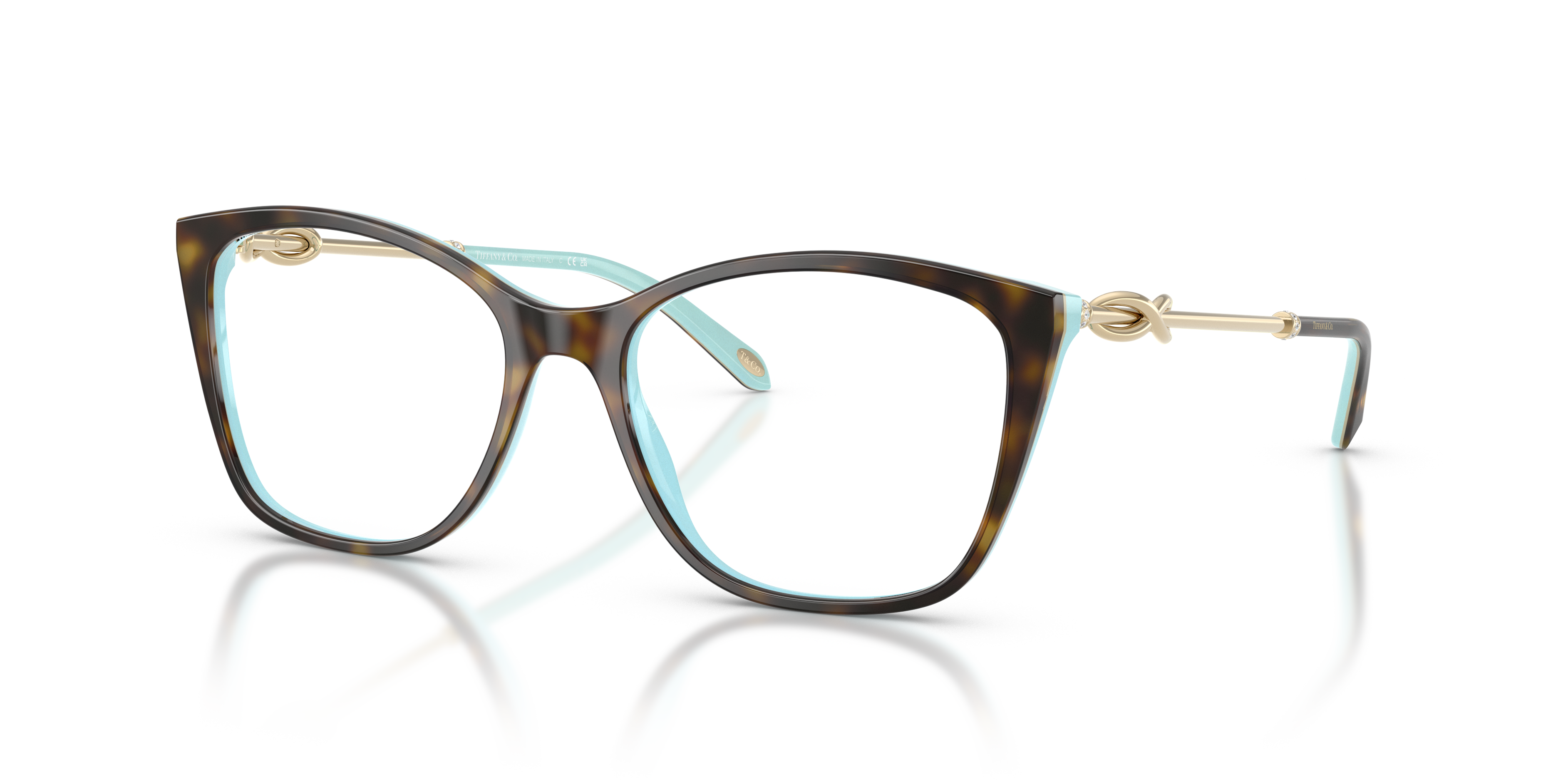 Occhiali da sole Tiffany & Co. modello TF2160B da donna, montatura Havana On Tiffany Blue, con astine blu chiaro e logo later