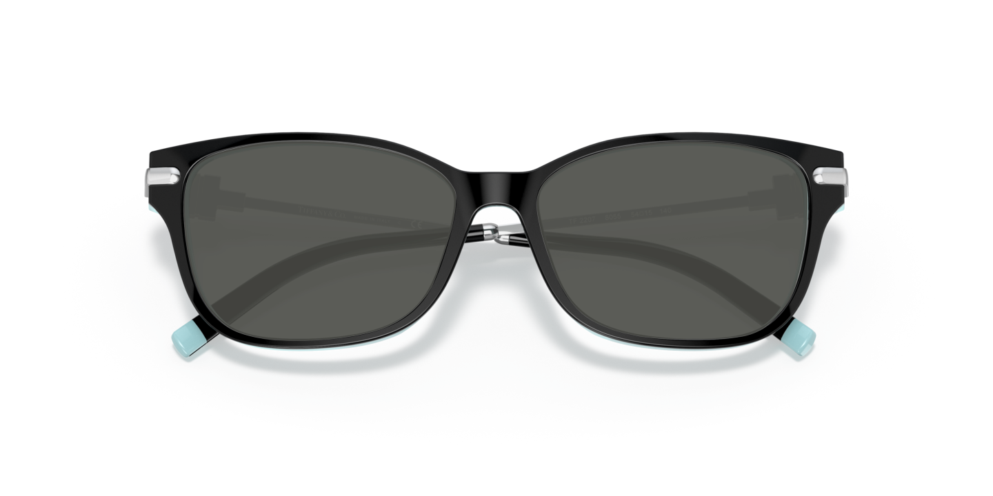 Occhiali da sole Tiffany & Co. modello TF2207 Black On Tiffany Blue per donna, con montatura nera lucida esternamente e color