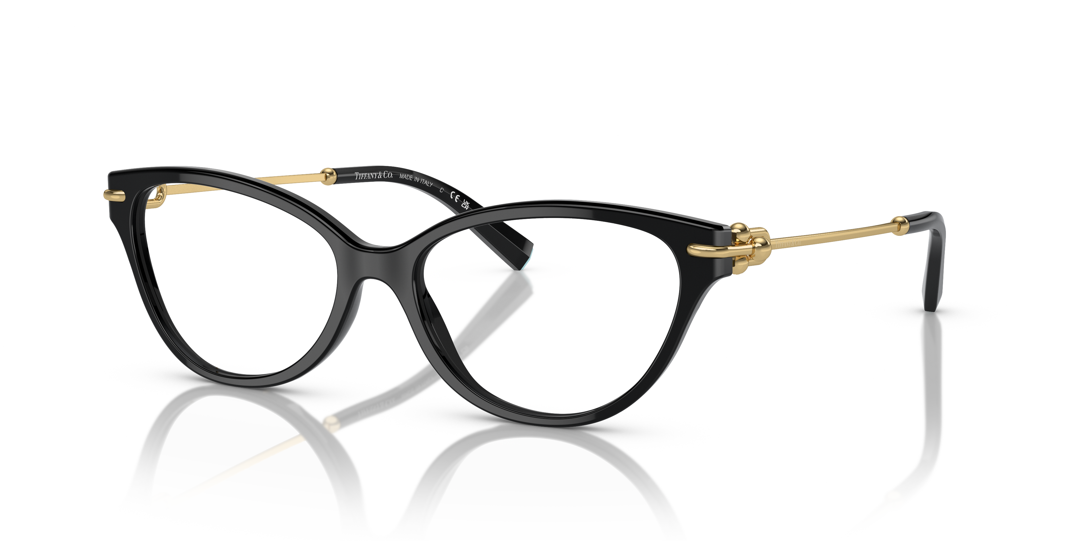 Occhiali da sole Tiffany & Co. TF2231 da donna, colore nero lucido con montatura a farfalla e lenti scure, mostrati frontalme