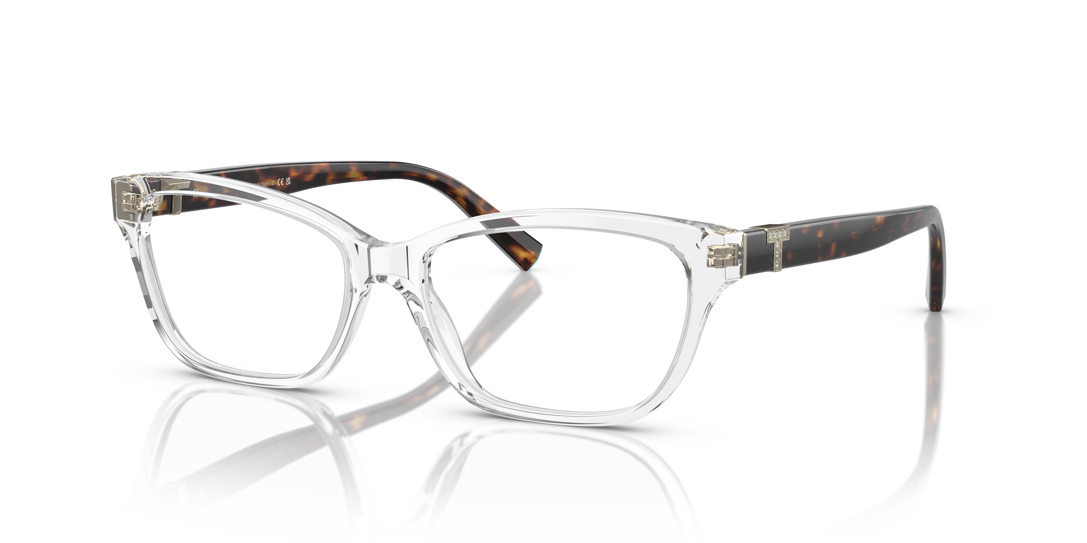 Occhiali da sole Tiffany & Co TF2233B trasparenti con lenti scure su sfondo chiaro, visibili da un'angolazione frontale, per