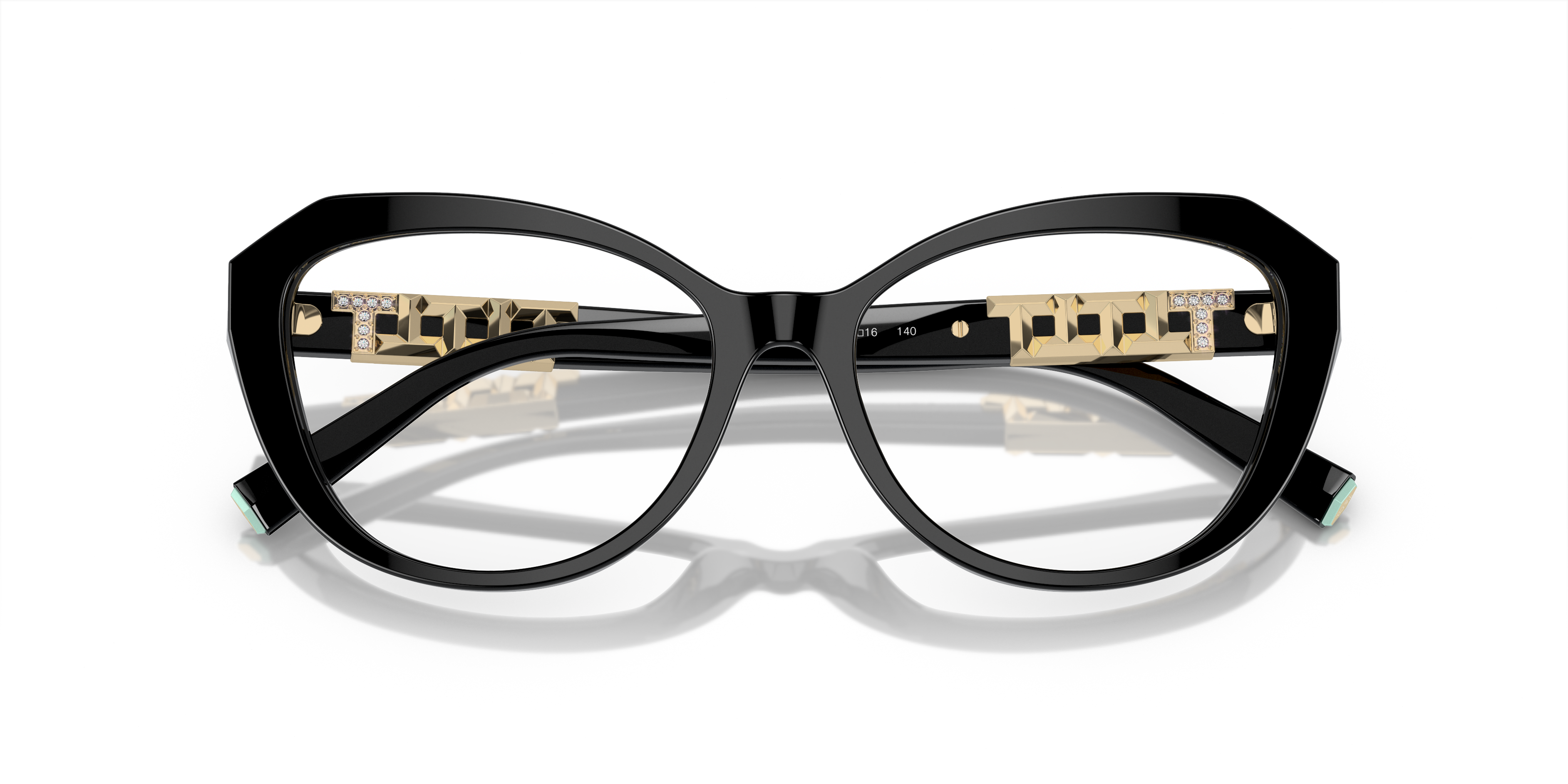 Occhiali da sole Tiffany & Co. modello TF2241B da donna, con montatura nera lucida e lenti scure, posti su uno sfondo chiaro,