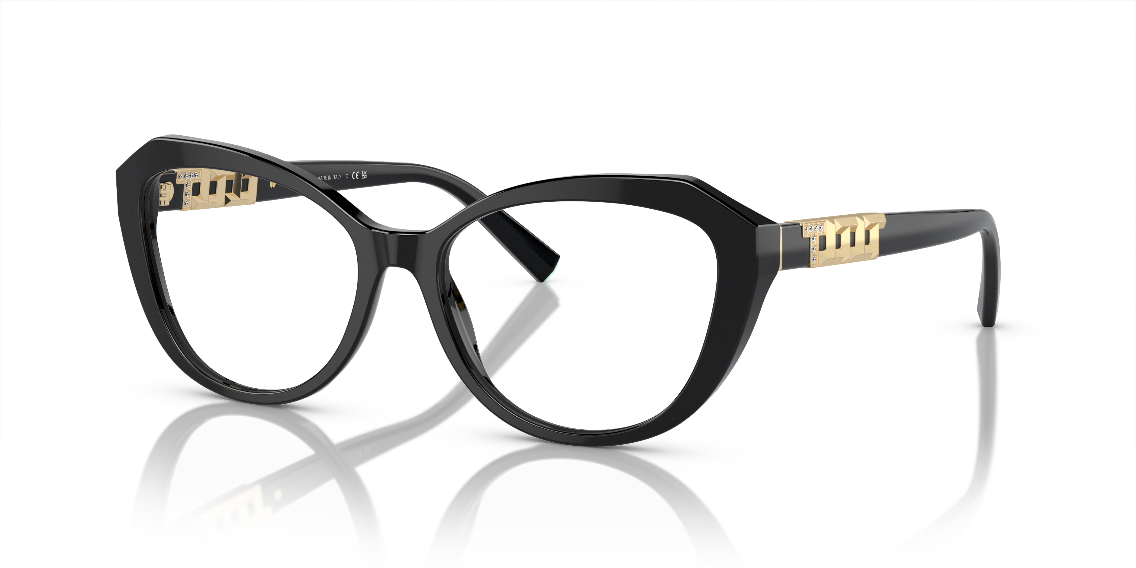 Occhiali da sole Tiffany & Co. modello TF2241B da donna, con montatura nera lucida e lenti scure, posti su uno sfondo chiaro,