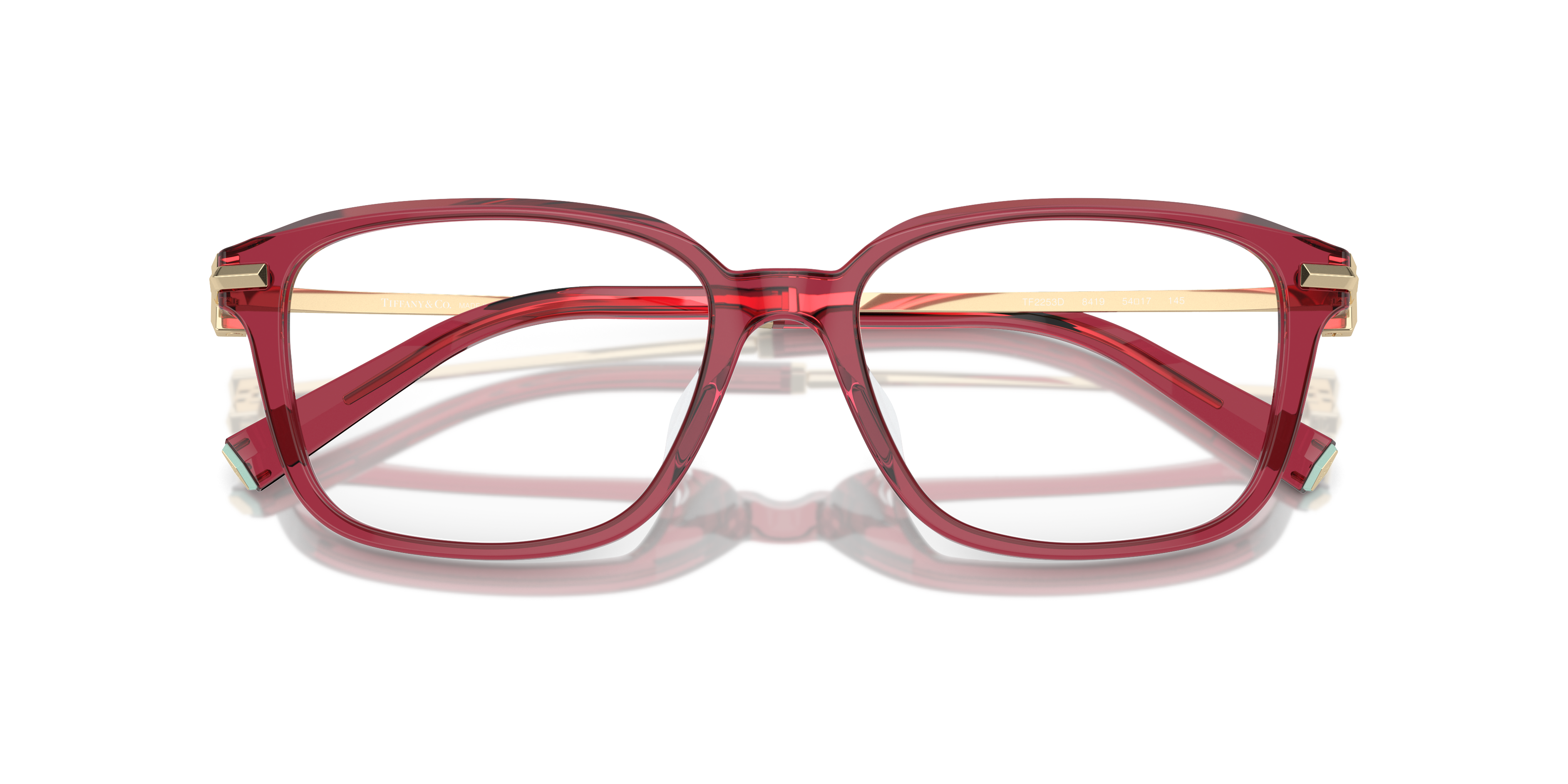 Occhiali da sole Tiffany & Co. TF2253D Crystal Burgundy per donna, mostrati frontalmente con montatura bordeaux trasparente e