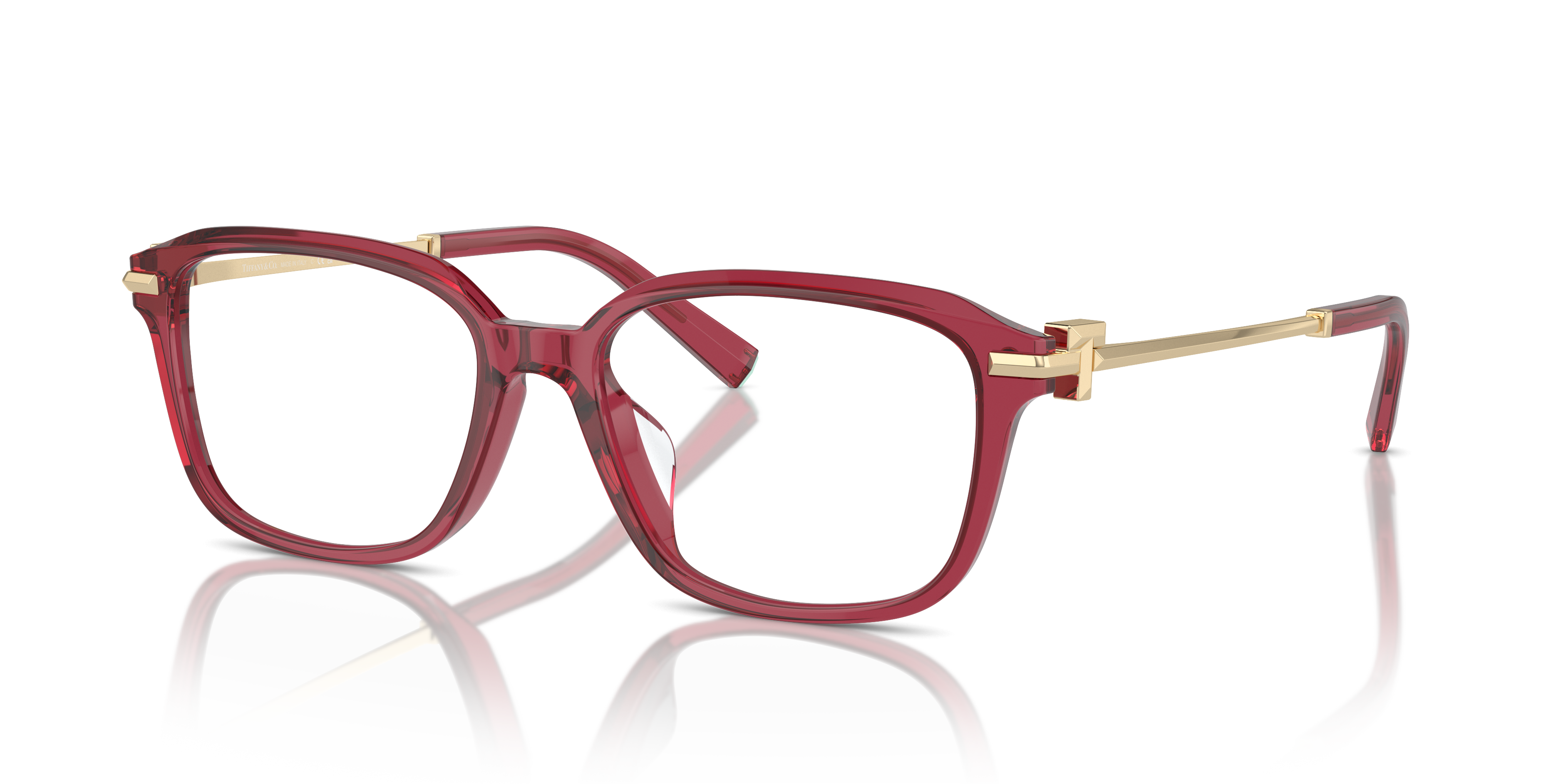 Occhiali da sole Tiffany & Co. TF2253D Crystal Burgundy per donna, mostrati frontalmente con montatura bordeaux trasparente e