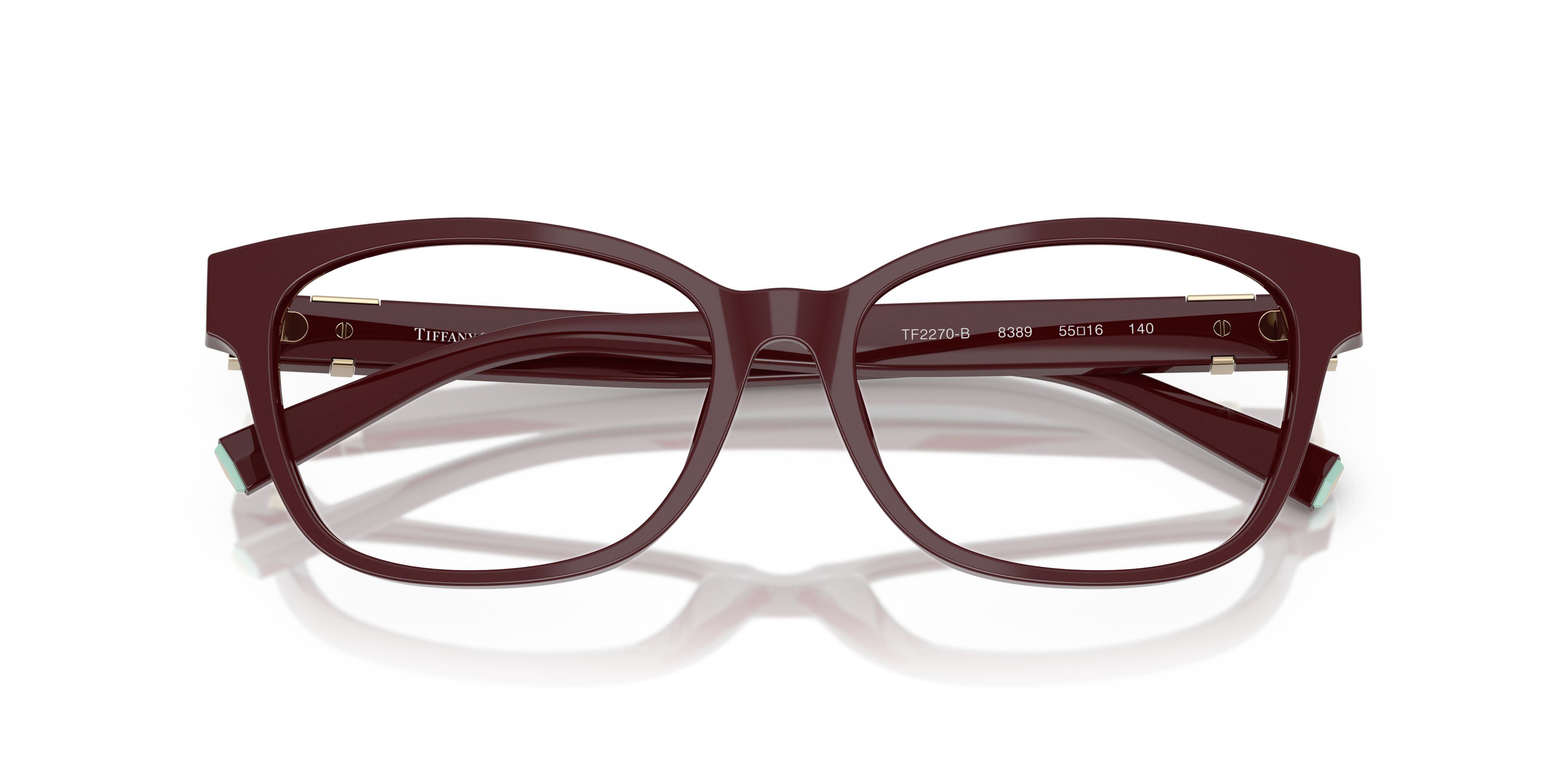 Occhiali da sole Tiffany & Co. modello TF2270B da donna in acetato color Ocean Turquoise con lenti scure, mostrati su sfondo