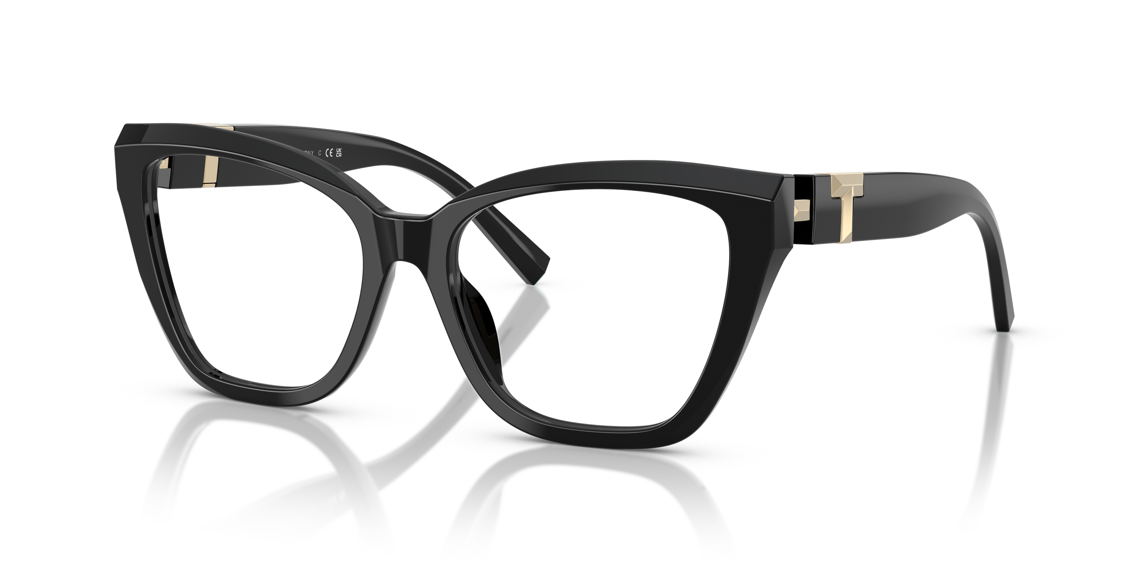 Occhiali da sole Tiffany donna neri modello TF2271, con montatura in acetato lucido e lenti scure, mostrati con il loro astuc