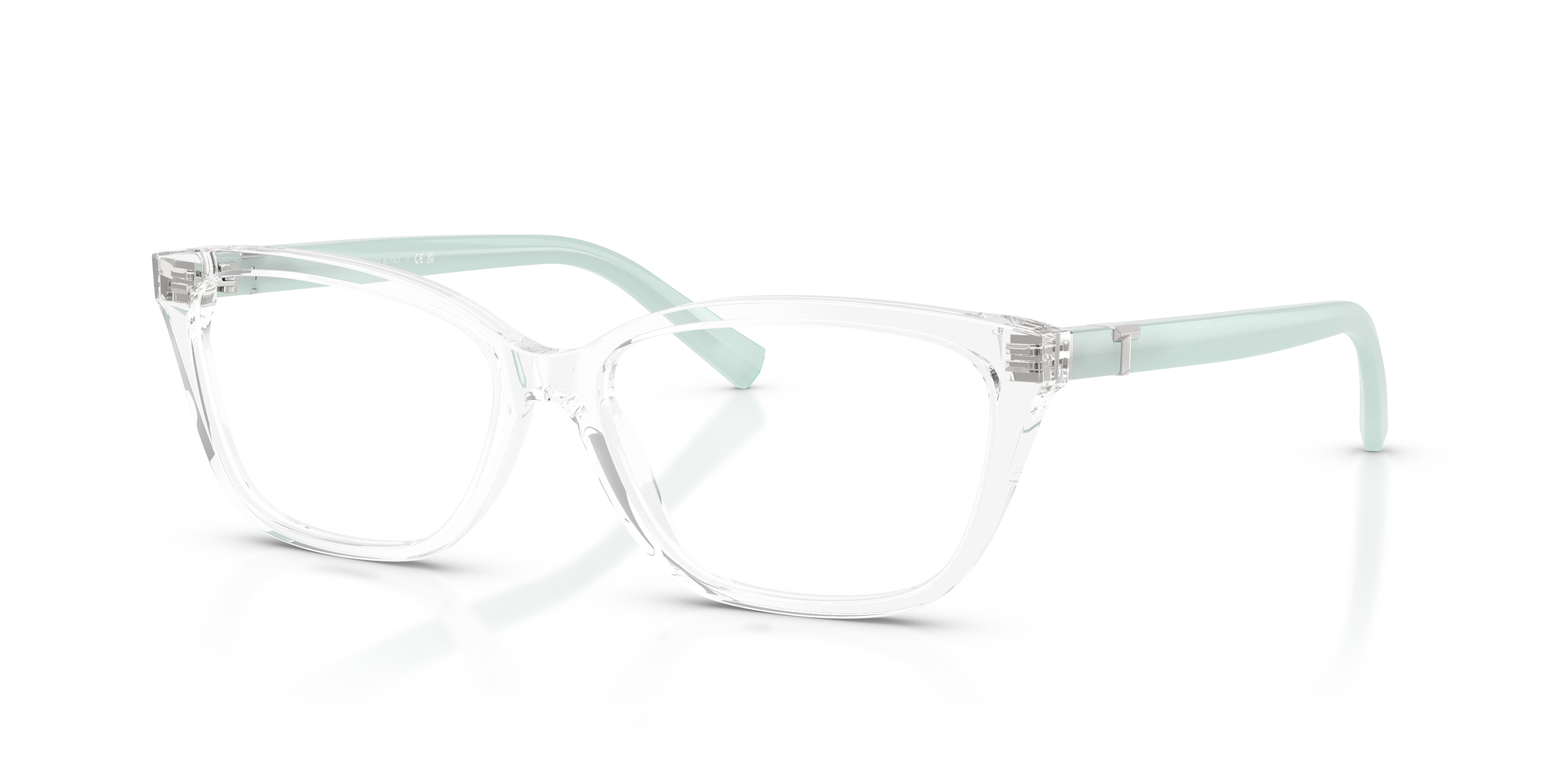 Occhiali da sole Tiffany TF2282 da donna con montatura trasparente lucida e lenti grigie, presentati su sfondo chiaro