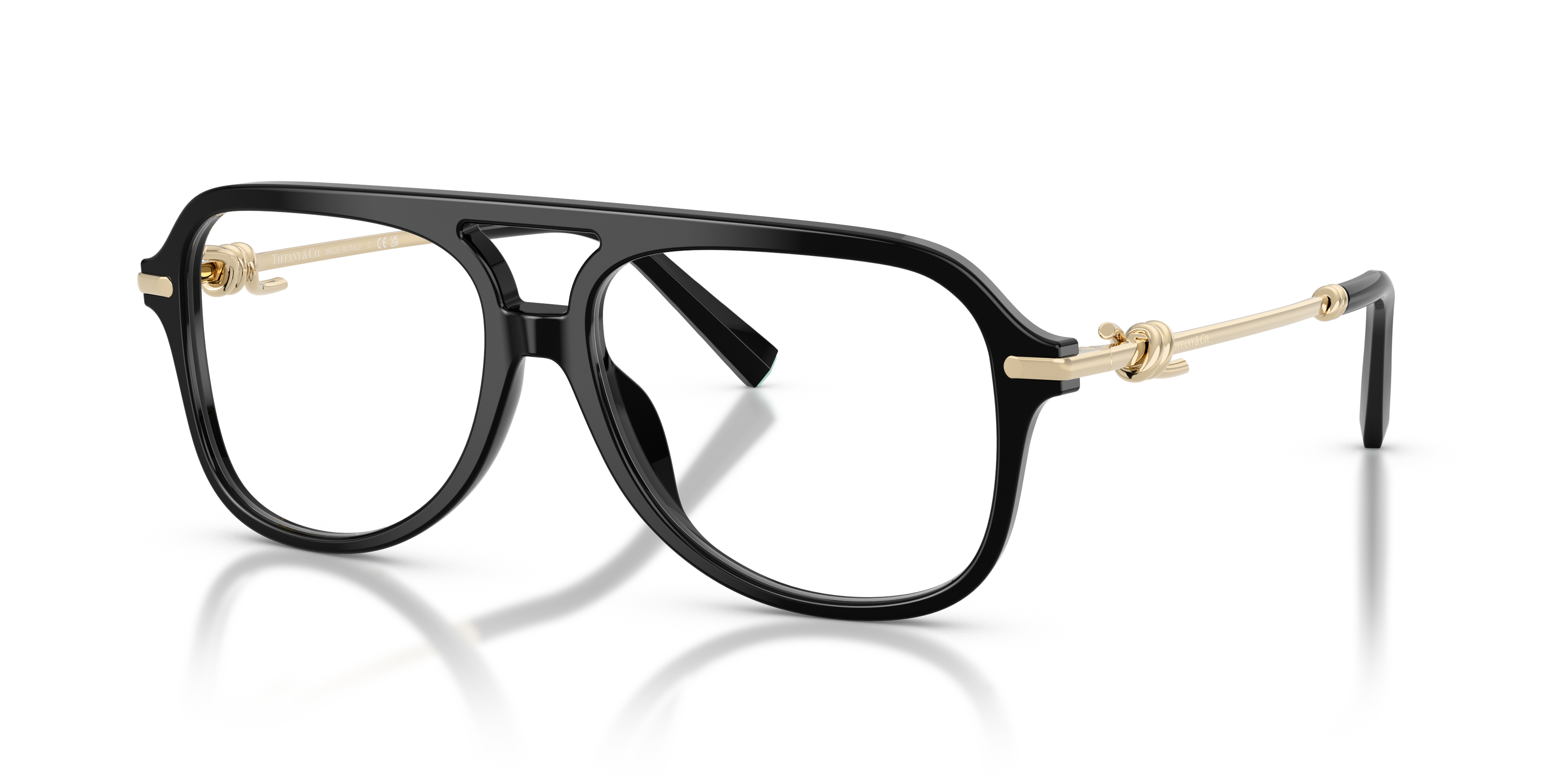 Occhiali da sole Tiffany TF2283 neri per donna con montatura in acetato e lenti scure, mostrati frontalmente con astuccio ori