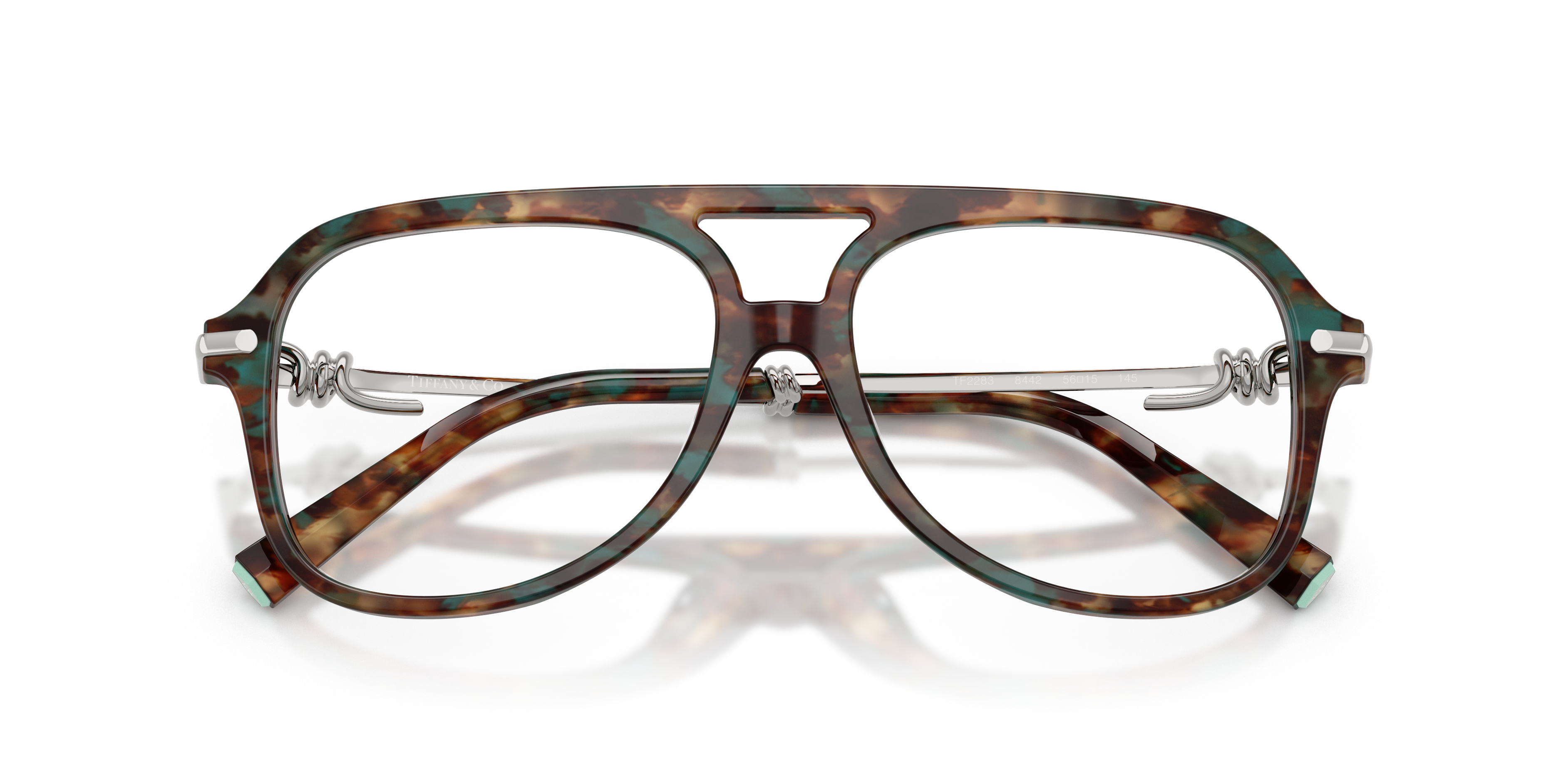 Occhiali da sole Tiffany TF2283 neri per donna con montatura in acetato e lenti scure, mostrati frontalmente con astuccio ori