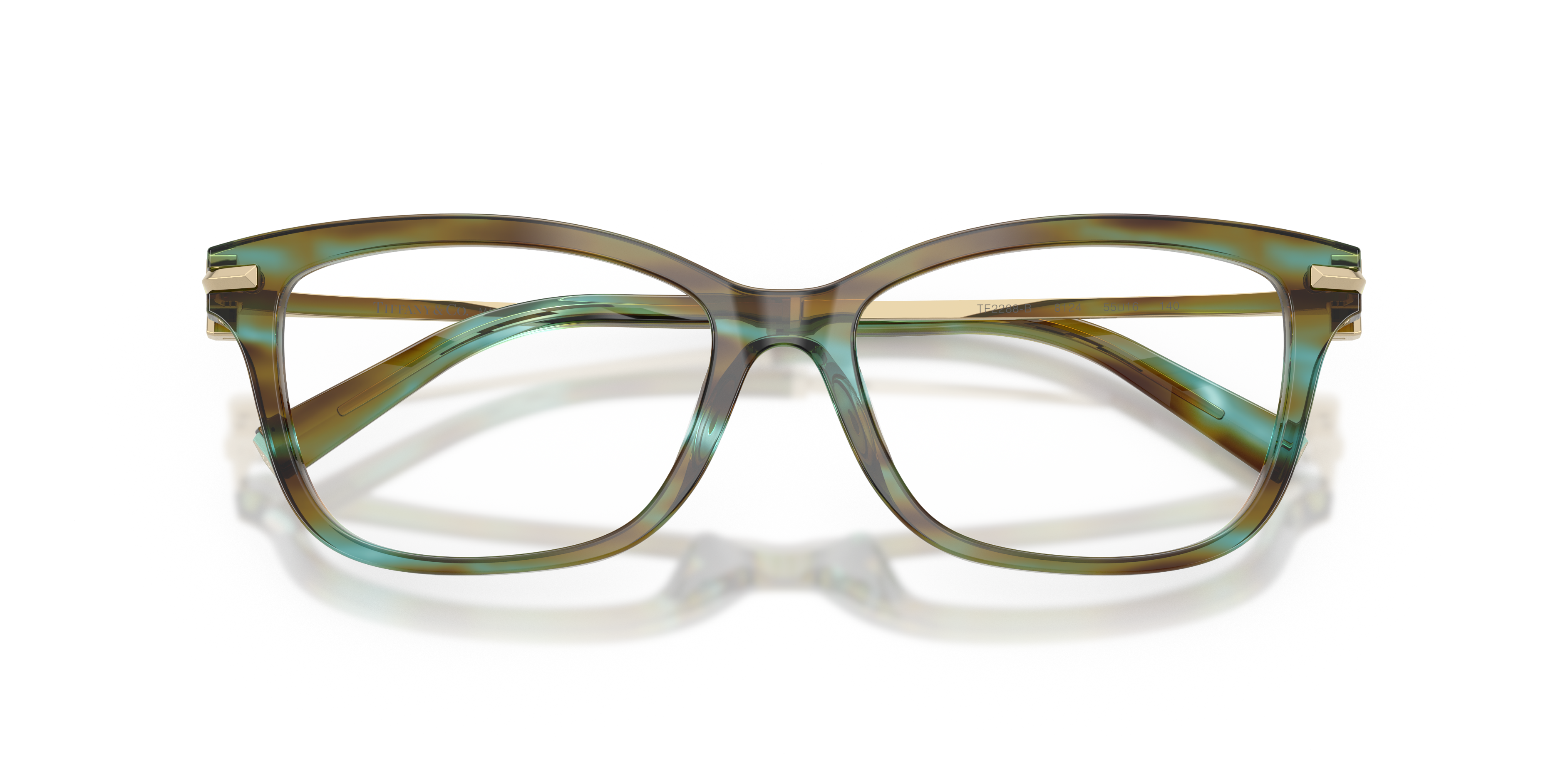 Occhiali da sole Tiffany 0TF2288B neri con interno blu Tiffany, montatura a farfalla, visti frontalmente su sfondo chiaro