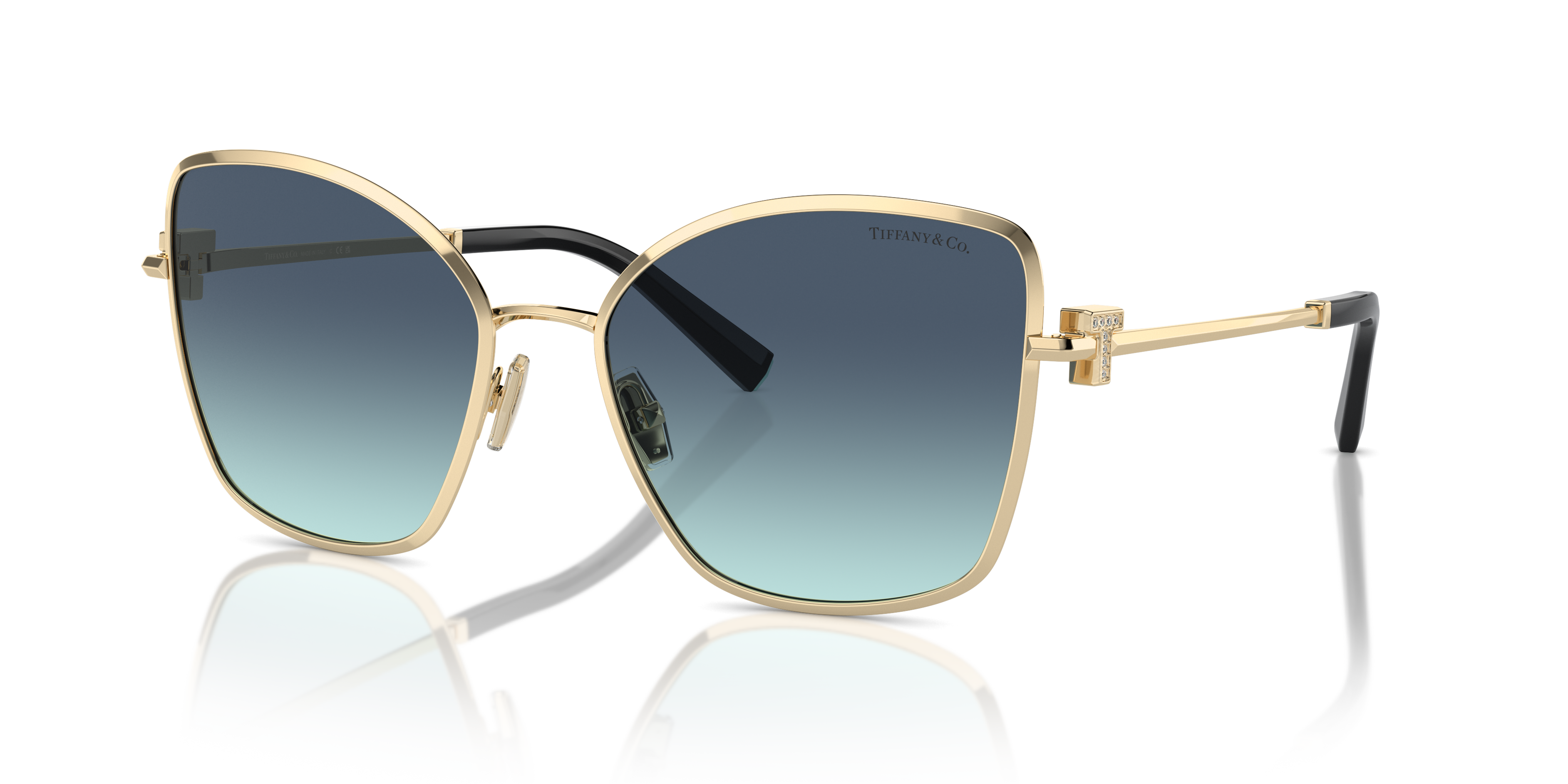 Occhiali da sole Tiffany 0TF3102B da donna color oro pallido (Pale Gold) con lenti scure, mostrati frontalmente su sfondo chi