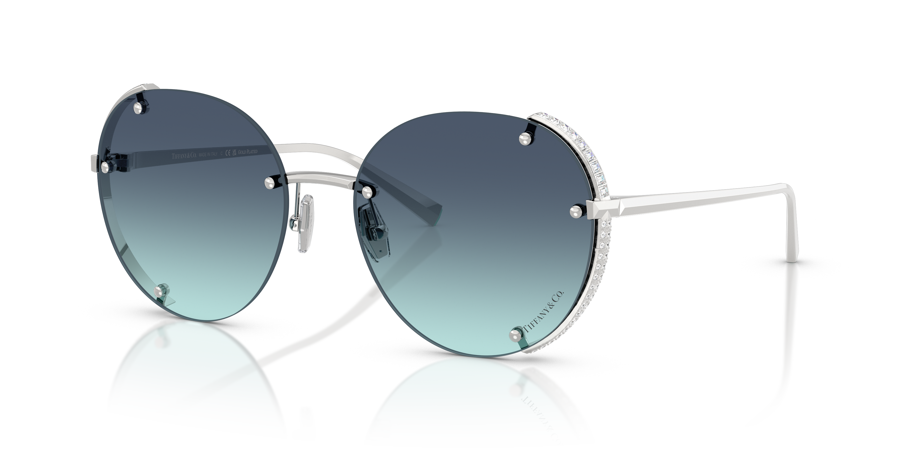 Occhiali da sole Tiffany 0TF3110KB da donna con montatura Silver Gold Plated, in primo piano su sfondo chiaro.