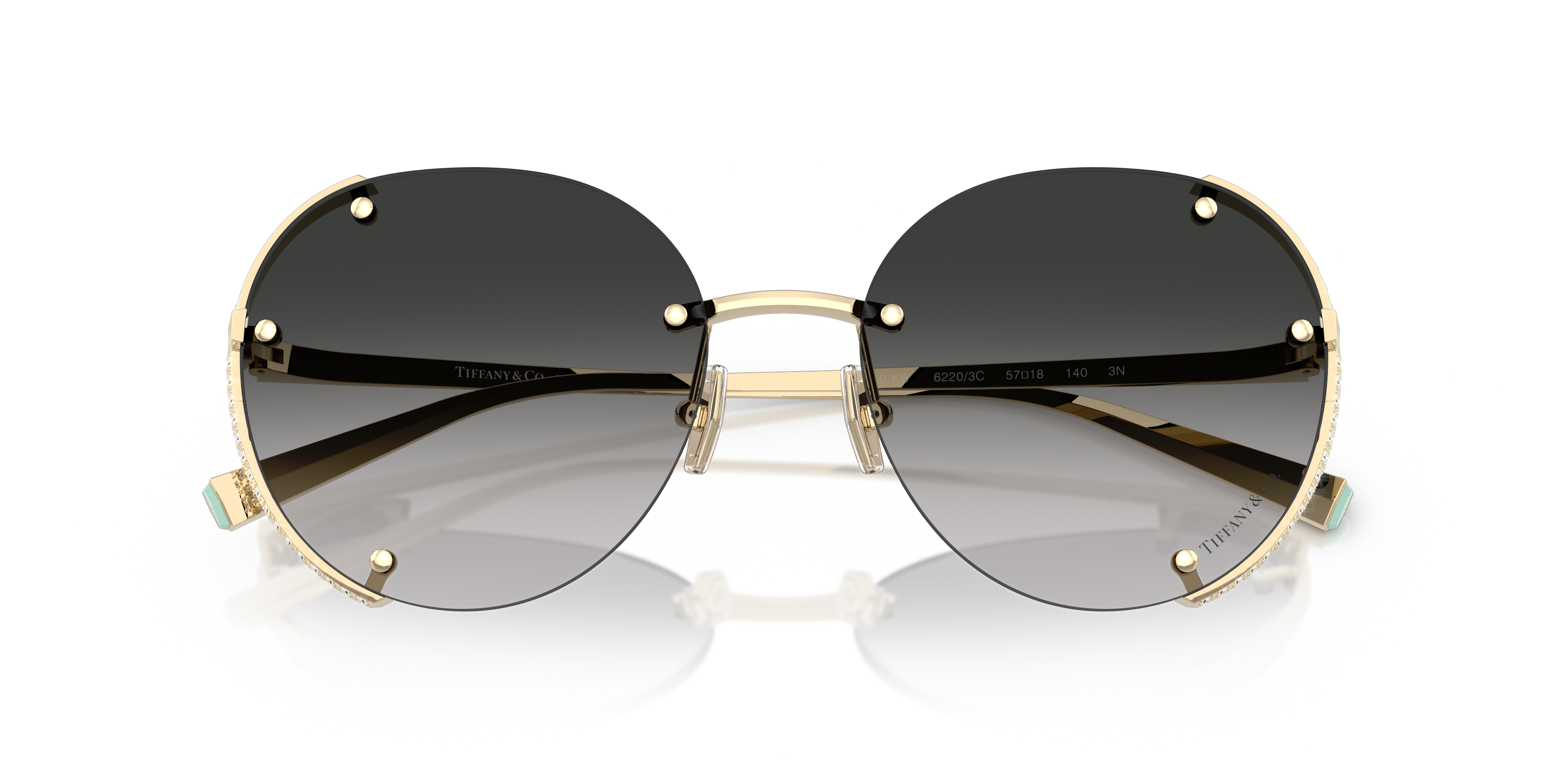 Occhiali da sole Tiffany 0TF3110KB da donna con montatura Silver Gold Plated, in primo piano su sfondo chiaro.