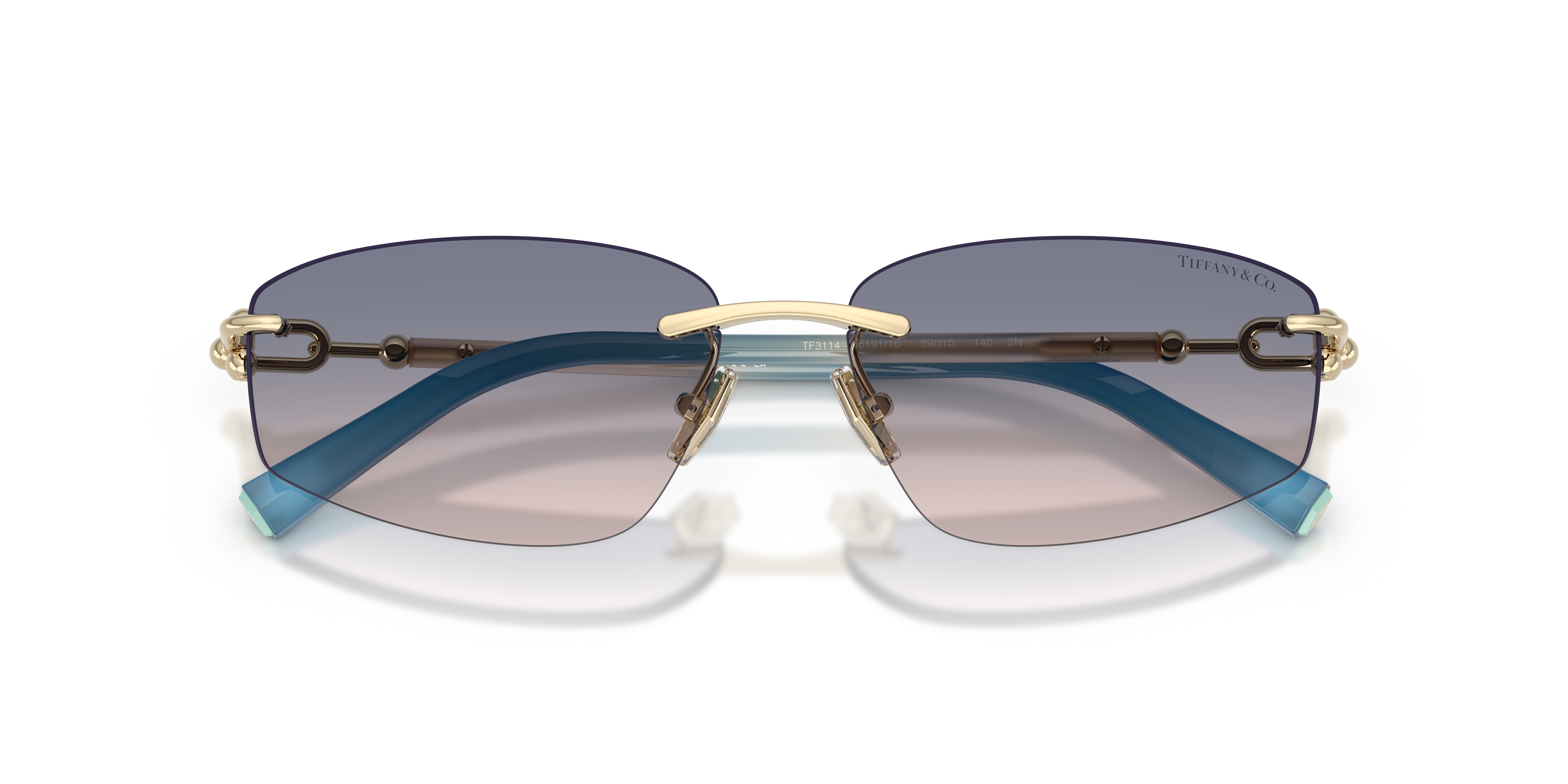Occhiali da sole Tiffany & Co. modello TF3114 in metallo colore argento, visti frontalmente su sfondo neutro, che mostrano le