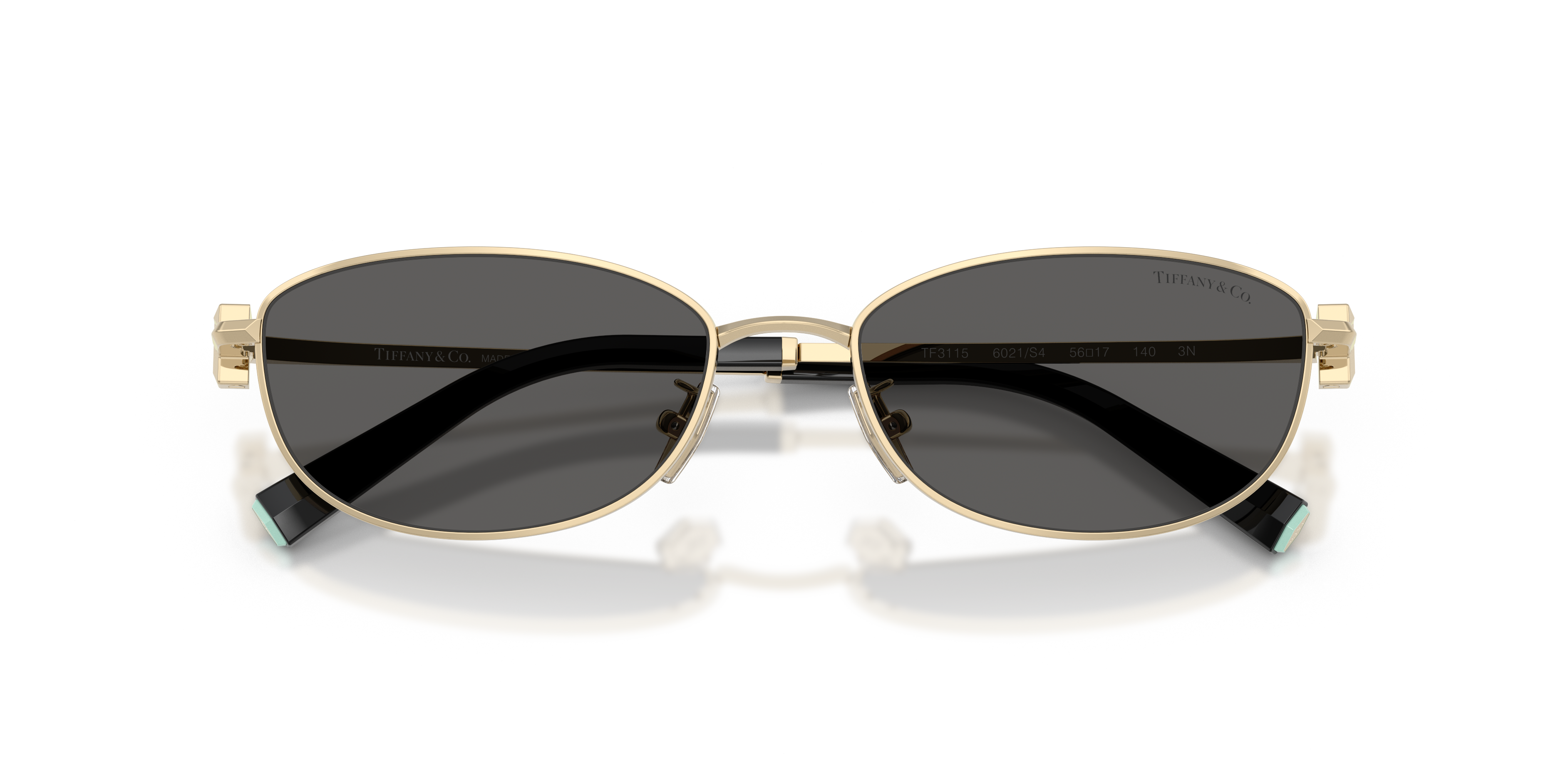 Occhiali da sole Tiffany & Co. modello TF3115 color Oro Pallido, montatura in metallo con lenti scure e aste raffinate, su sf