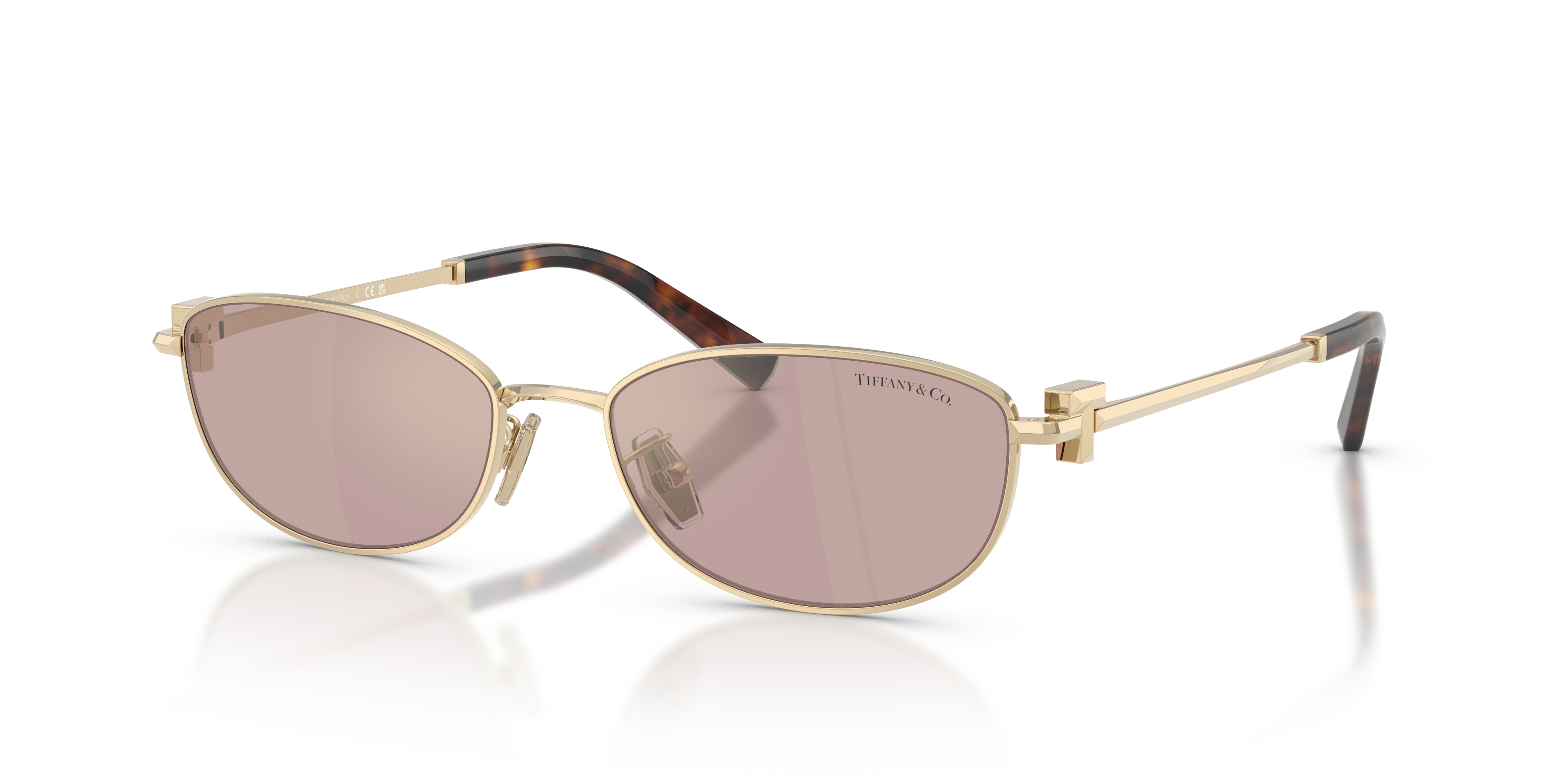 Occhiali da sole Tiffany & Co. modello TF3115 color Oro Pallido, montatura in metallo con lenti scure e aste raffinate, su sf