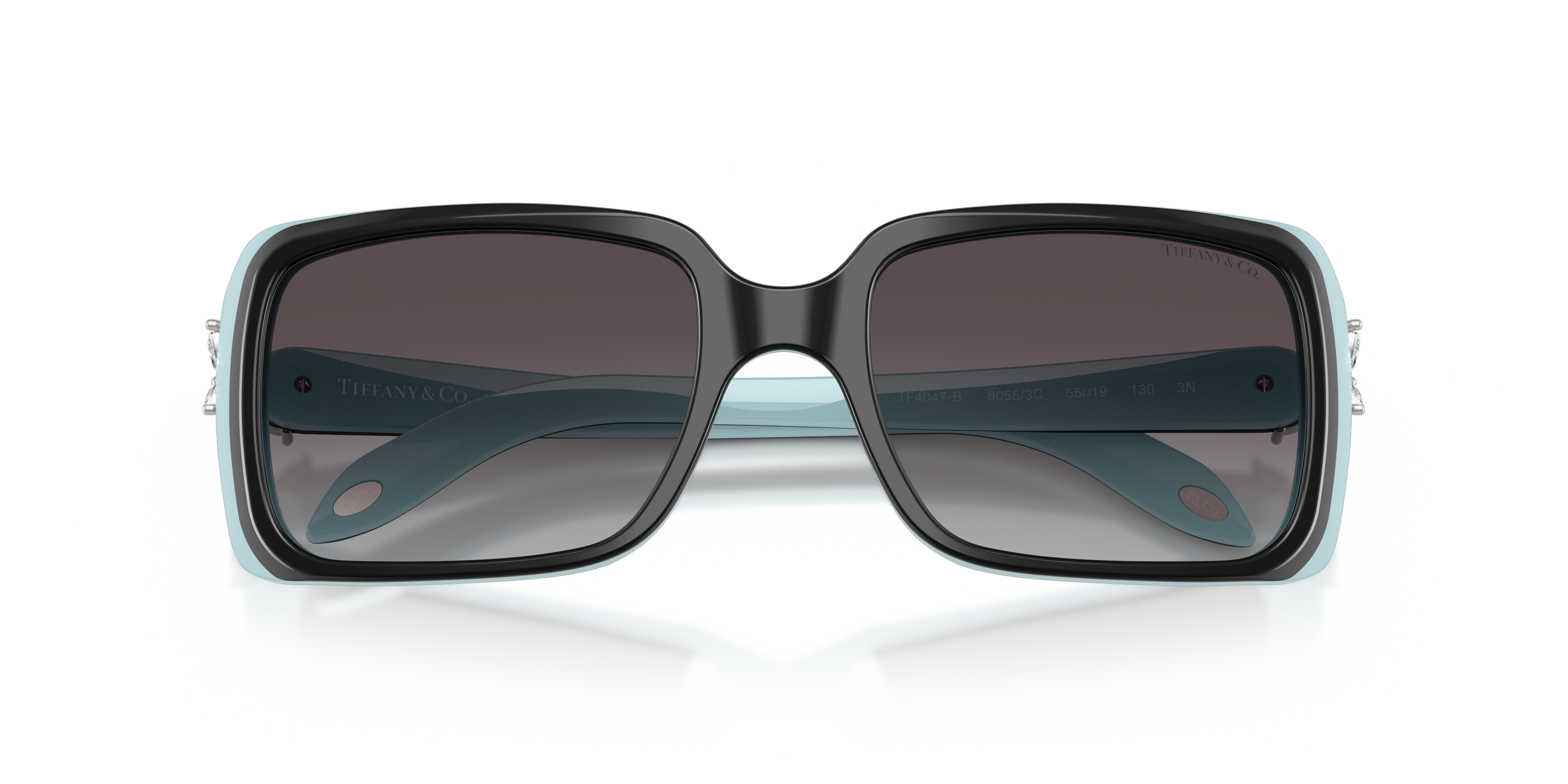 Occhiali da sole Tiffany TF4047B Black On Tiffany Blue da donna, montatura nera lucida con interno blu e lenti grigio sfumato