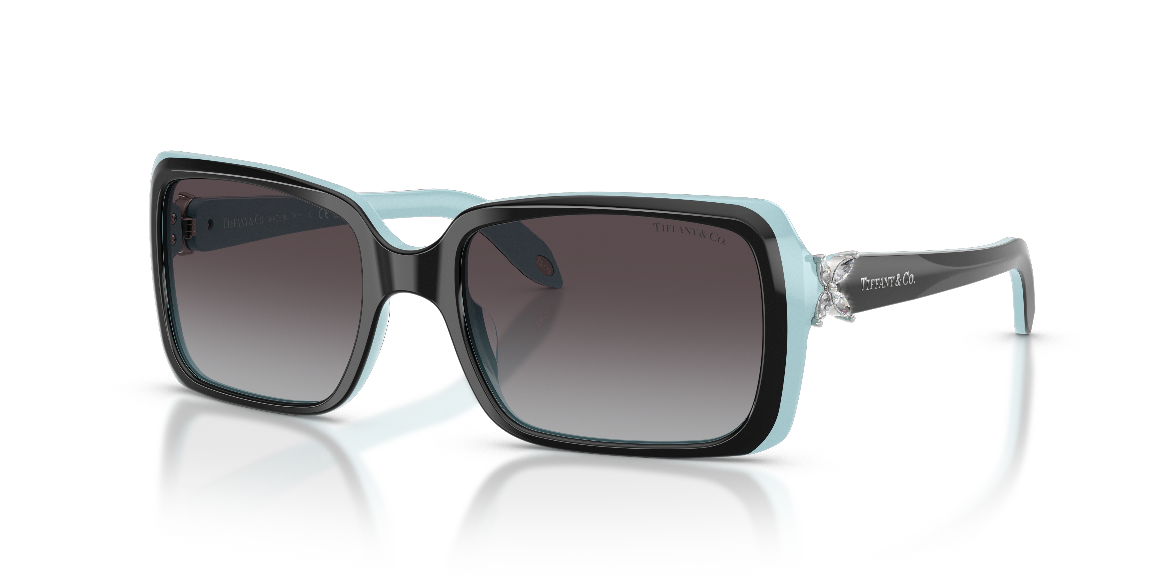 Occhiali da sole Tiffany TF4047B Black On Tiffany Blue da donna, montatura nera lucida con interno blu e lenti grigio sfumato