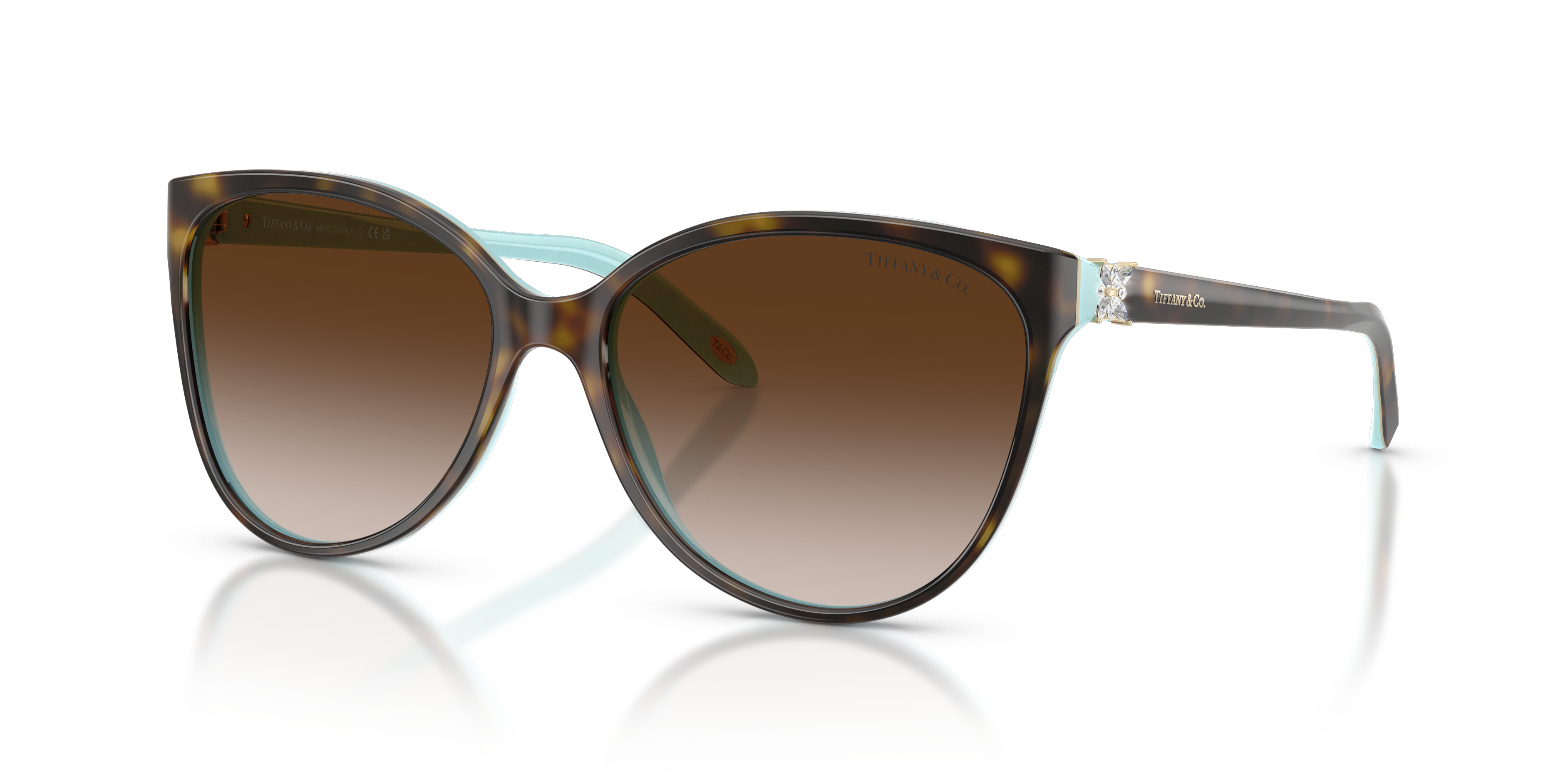 Occhiali da sole Tiffany & Co. TF4089B da donna, montatura Havana con interno blu Tiffany, lenti scure, indossati frontalment